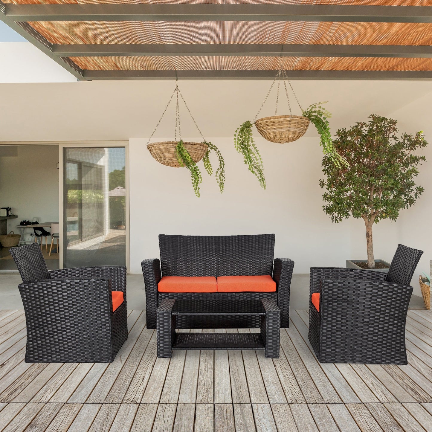 Ensemble de conversation pour patio extérieur Grandview 4 pièces en osier noir