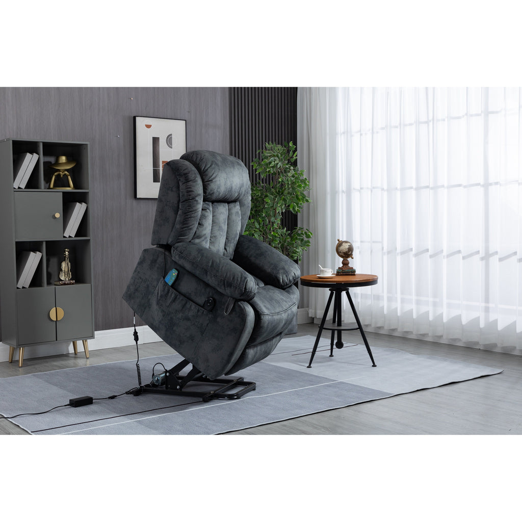 Fauteuil inclinable électrique surdimensionné en velours gris avec massage, chauffage lombaire, 2 poches latérales et port USB