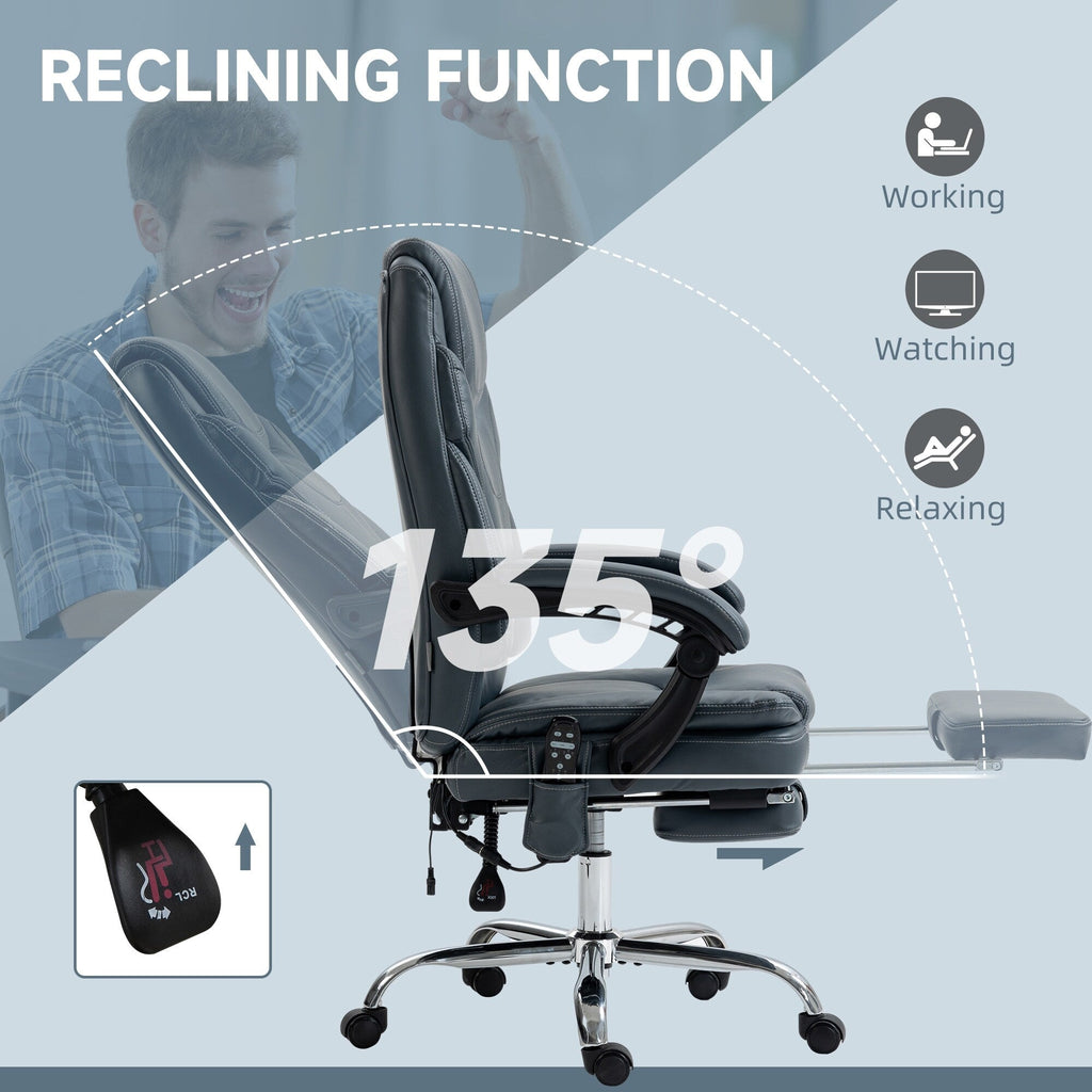 Fauteuil de bureau inclinable pivotant à 360° en cuir synthétique gris avec massage par vibrations, chauffage lombaire, repose-pieds et hauteur réglable