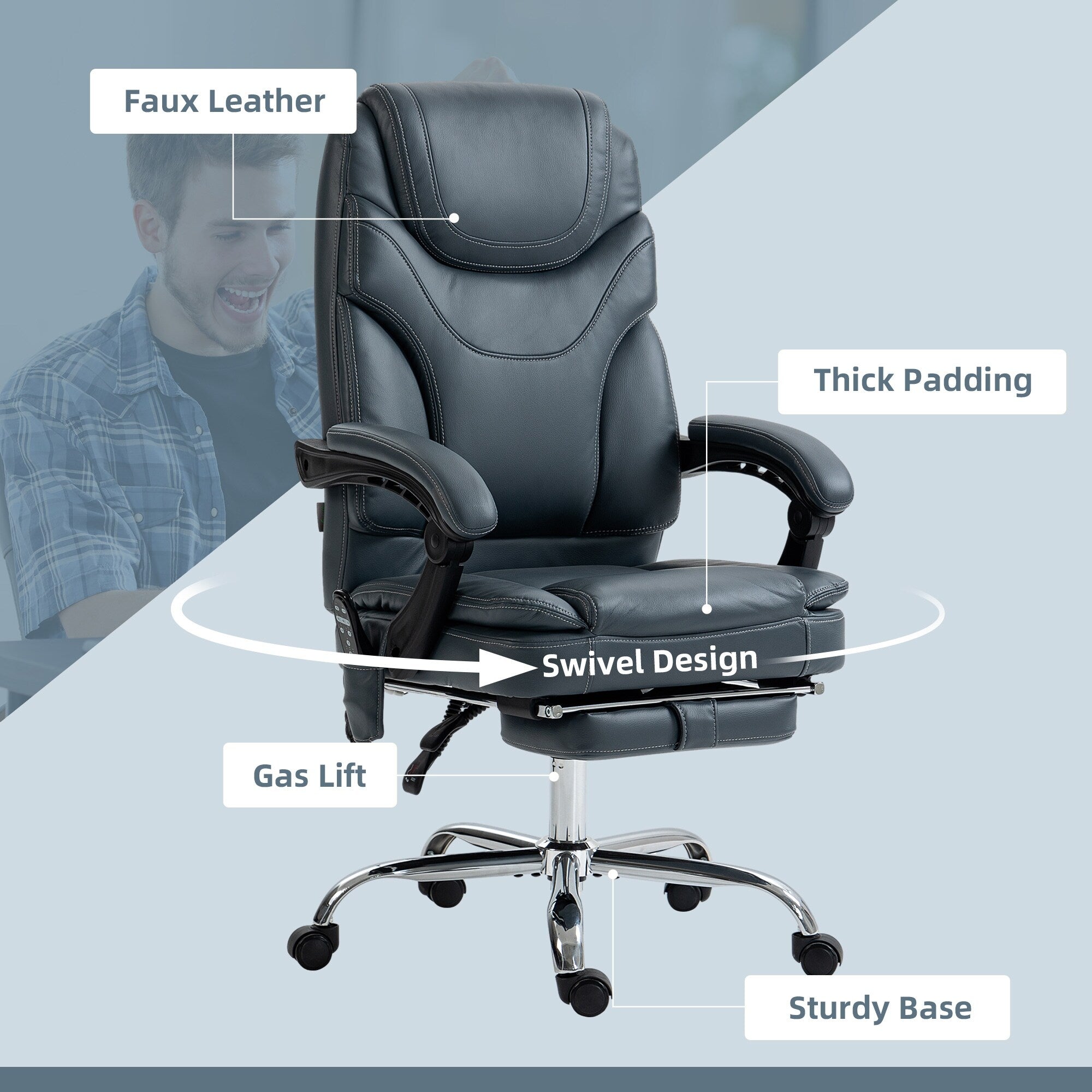 Fauteuil de bureau inclinable pivotant à 360° en cuir synthétique gris avec massage par vibrations, chauffage lombaire, repose-pieds et hauteur réglable