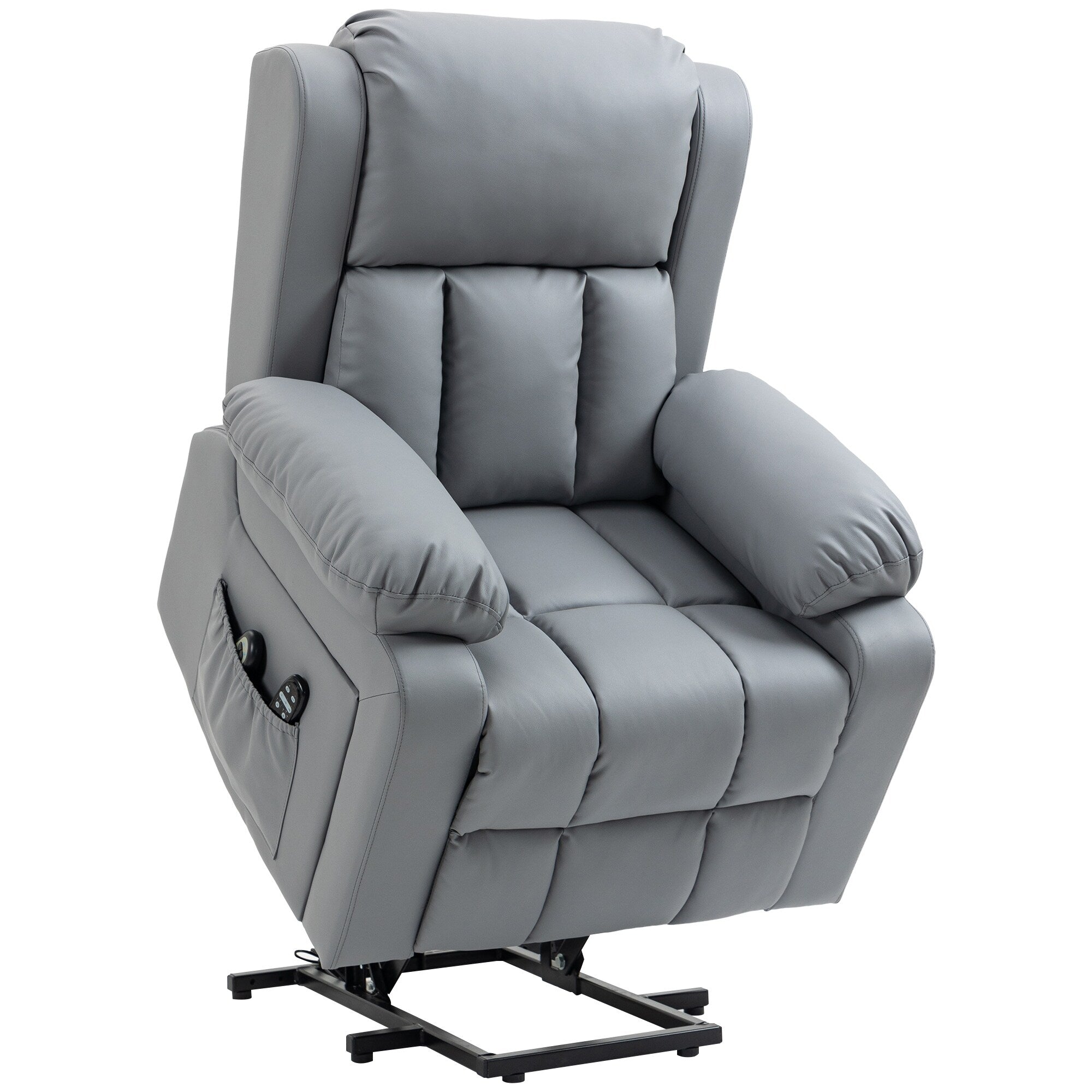 Fauteuil inclinable électrique en cuir synthétique gris avec massage par vibrations, chauffant, télécommande, poches latérales, pour personnes âgées