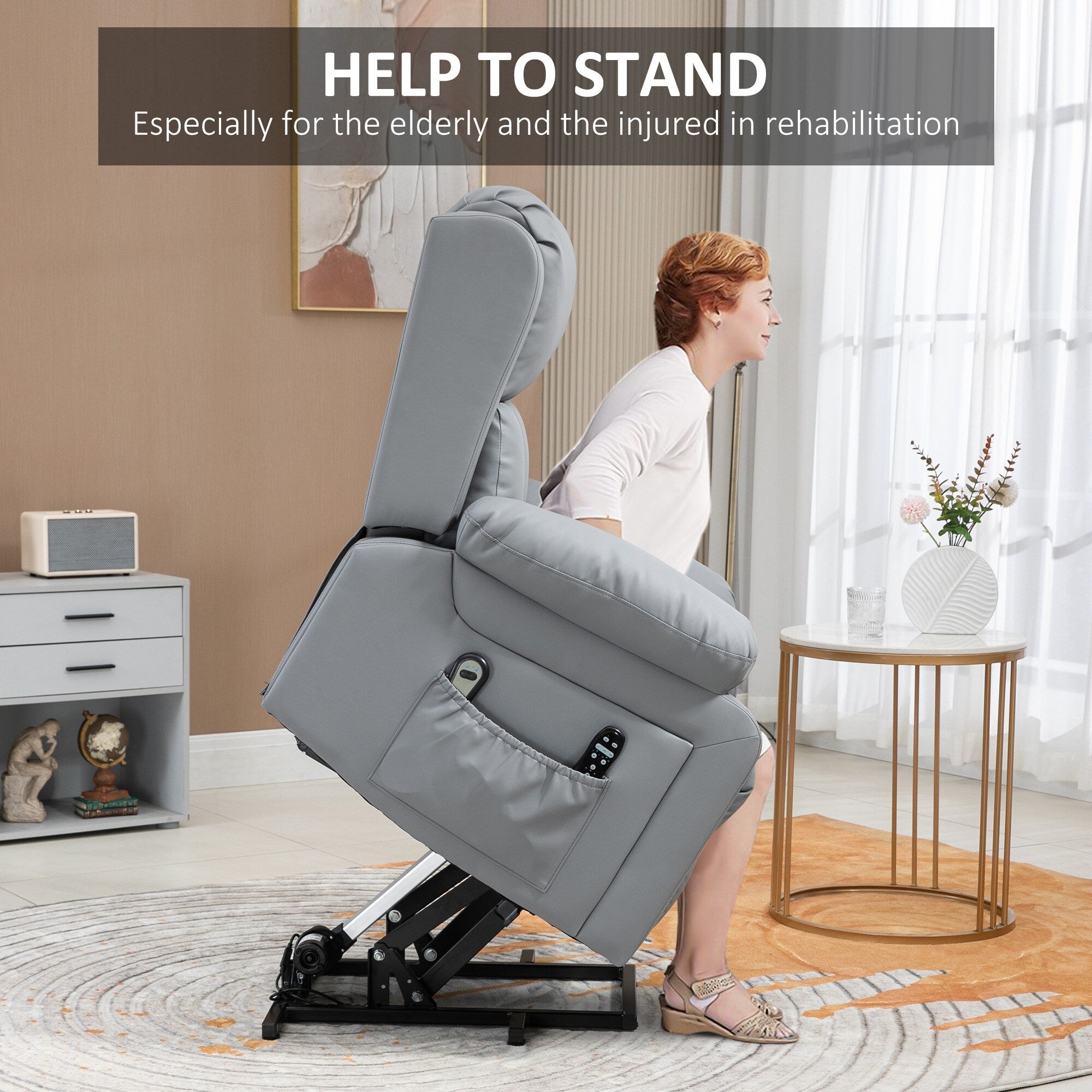Fauteuil inclinable électrique en cuir synthétique gris avec massage par vibrations, chauffant, télécommande, poches latérales, pour personnes âgées