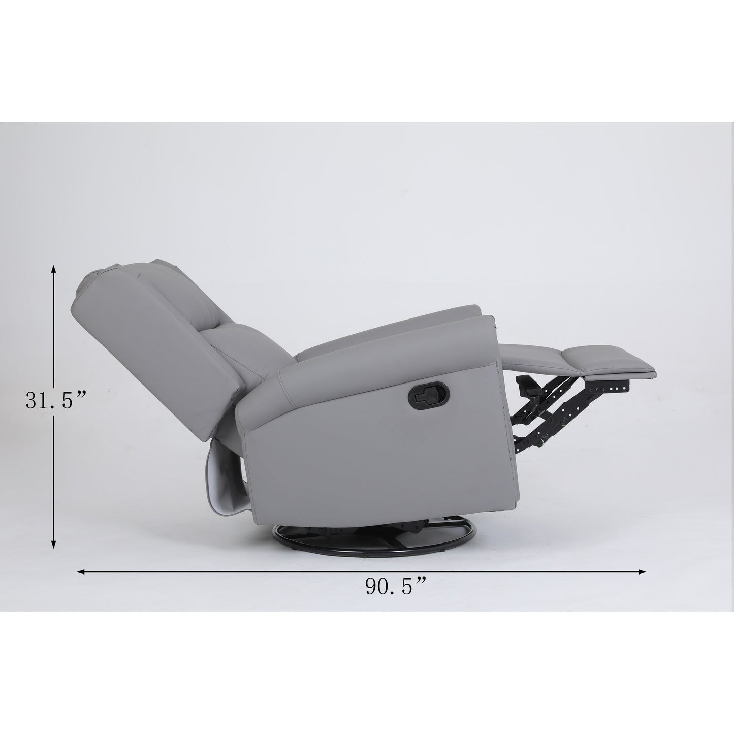 Fauteuil inclinable manuel pivotant à 360° en cuir synthétique gris avec dossier et repose-pieds réglables, décoration cloutée