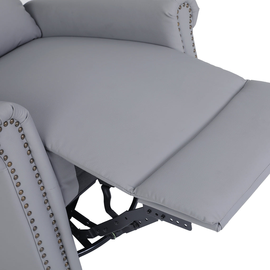 Fauteuil inclinable manuel pivotant à 360° en cuir synthétique gris avec dossier et repose-pieds réglables, décoration cloutée