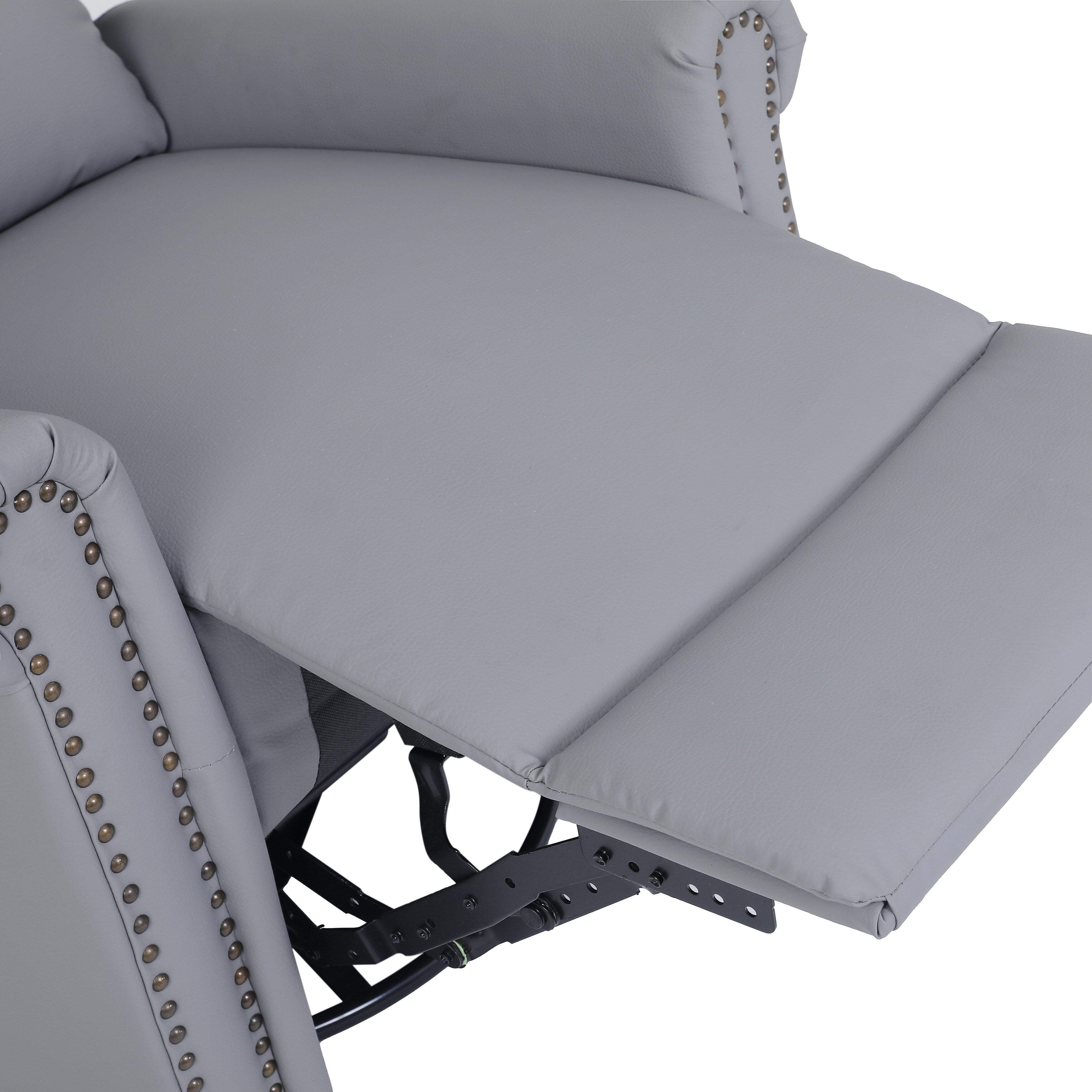 Fauteuil inclinable manuel pivotant à 360° en cuir synthétique gris avec dossier et repose-pieds réglables, décoration cloutée