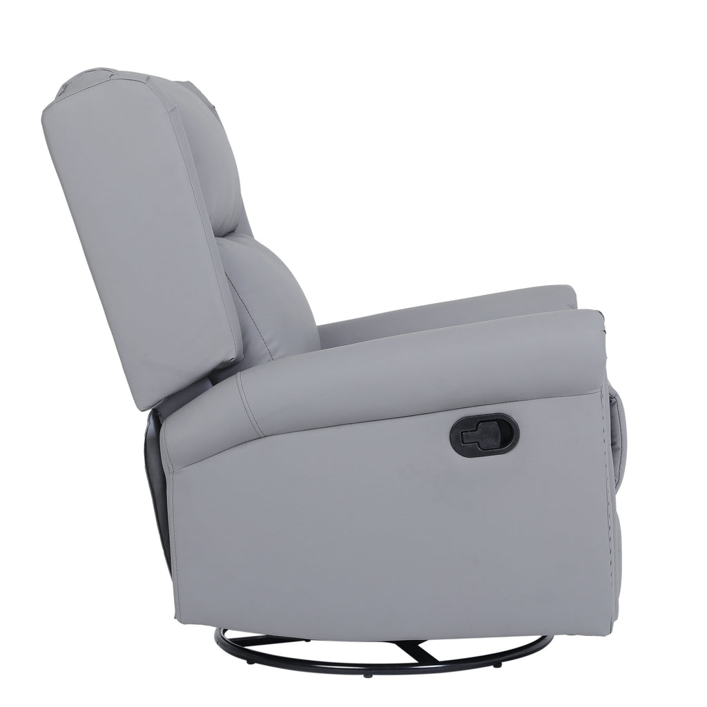 Fauteuil inclinable manuel pivotant à 360° en cuir synthétique gris avec dossier et repose-pieds réglables, décoration cloutée