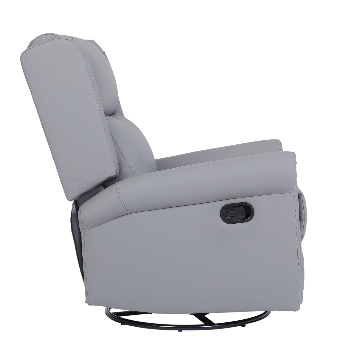 Fauteuil inclinable manuel pivotant à 360° en cuir synthétique gris avec dossier et repose-pieds réglables, décoration cloutée