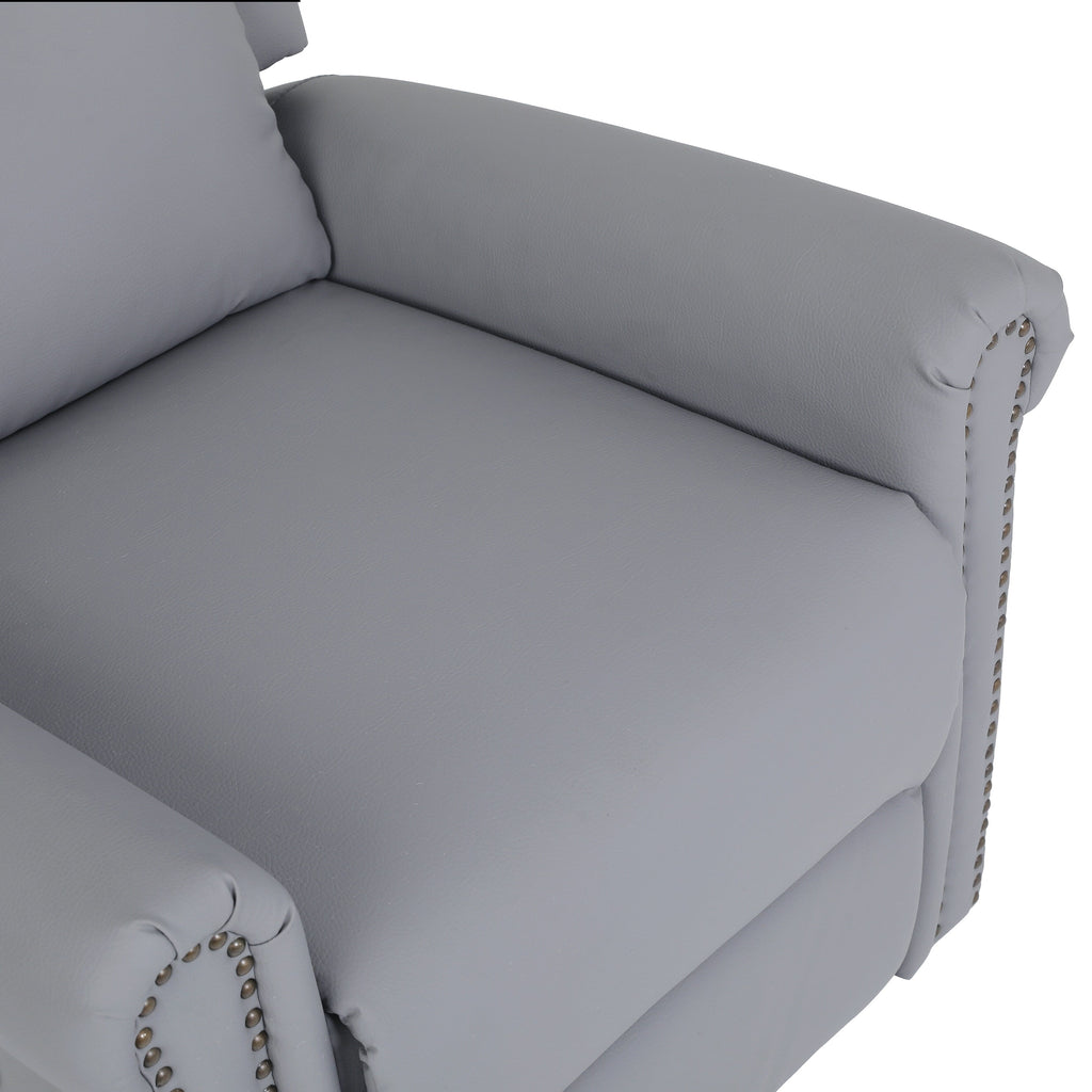 Fauteuil inclinable manuel pivotant à 360° en cuir synthétique gris avec dossier et repose-pieds réglables, décoration cloutée