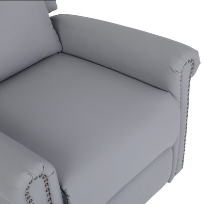 Fauteuil inclinable manuel pivotant à 360° en cuir synthétique gris avec dossier et repose-pieds réglables, décoration cloutée