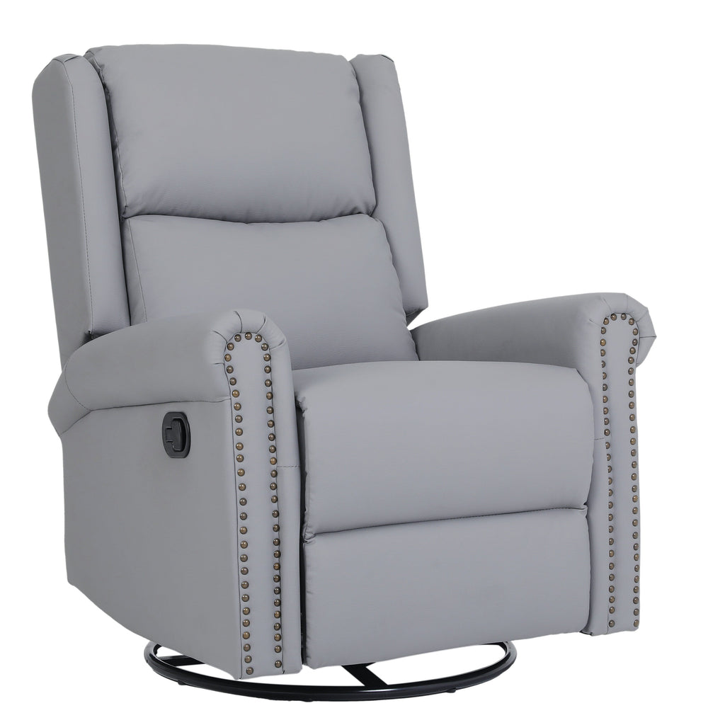 Fauteuil inclinable manuel pivotant à 360° en cuir synthétique gris avec dossier et repose-pieds réglables, décoration cloutée
