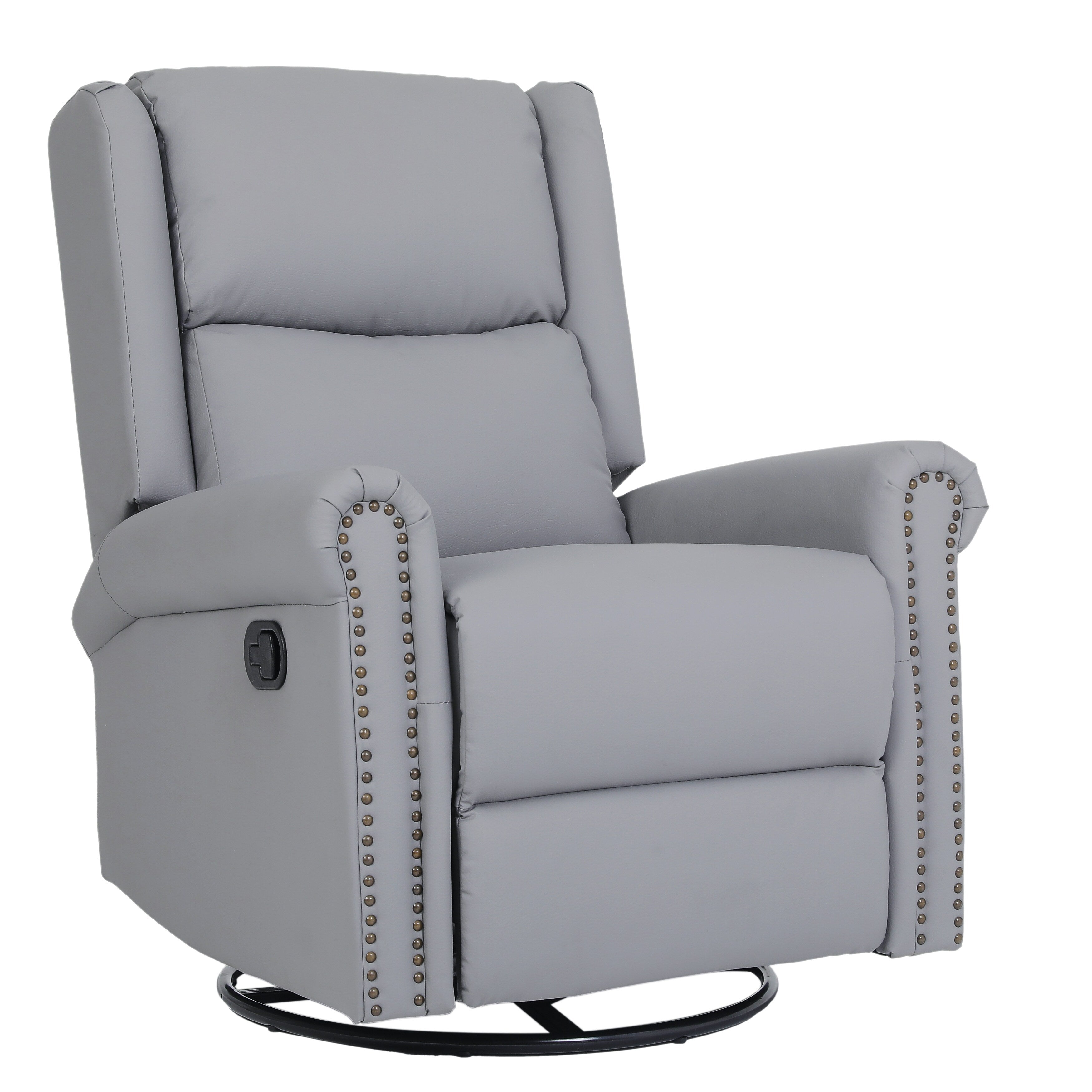 Fauteuil inclinable manuel pivotant à 360° en cuir synthétique gris avec dossier et repose-pieds réglables, décoration cloutée