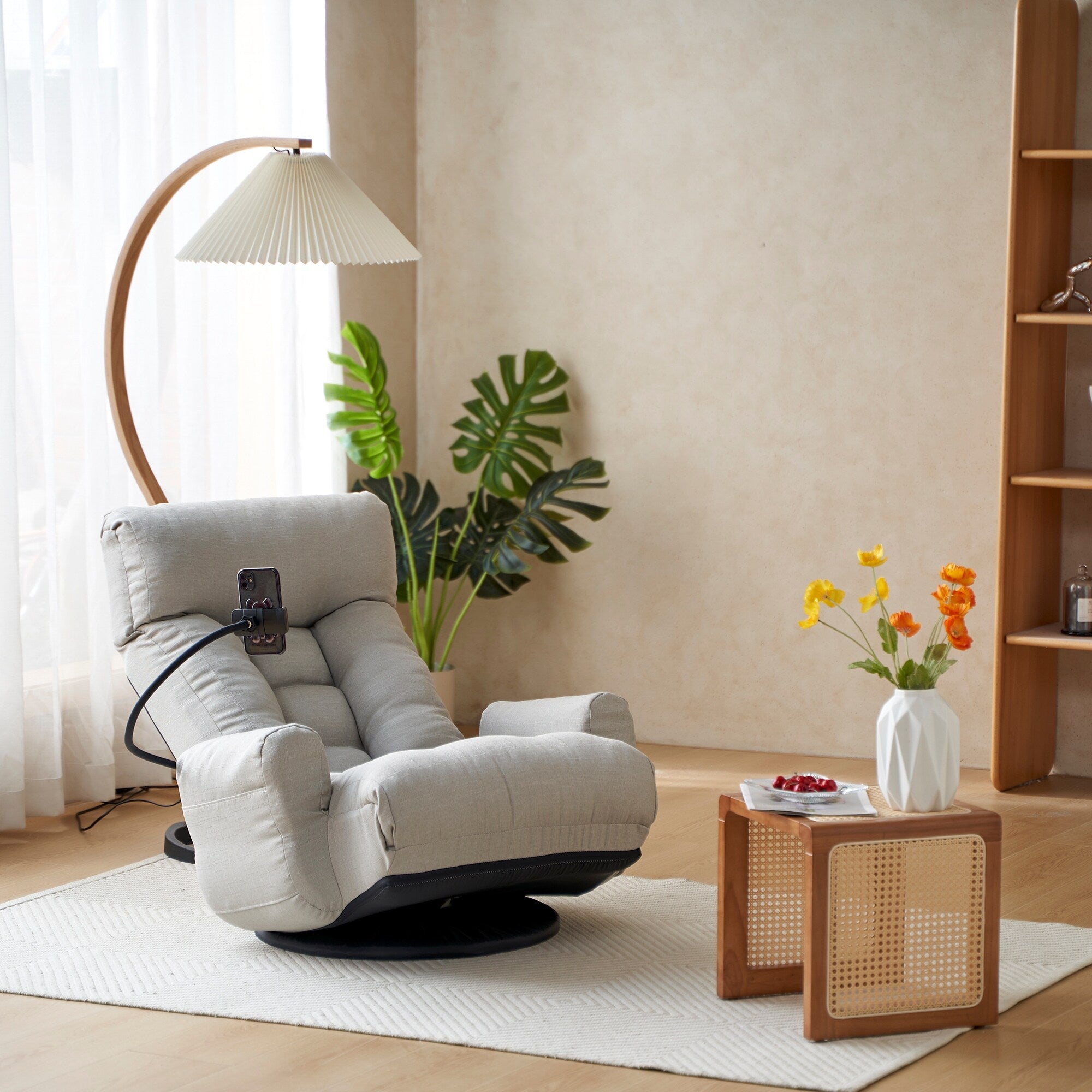 Fauteuil inclinable manuel pivotant à 360° gris rembourré avec support pour téléphone portable, appui-tête et dossier réglables