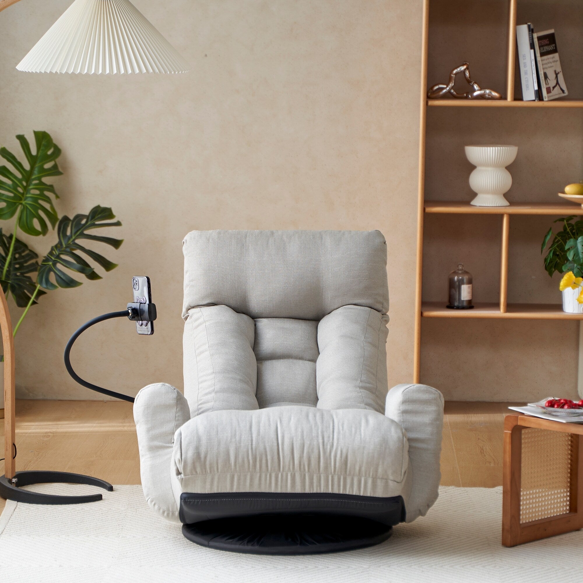 Fauteuil inclinable manuel pivotant à 360° gris rembourré avec support pour téléphone portable, appui-tête et dossier réglables