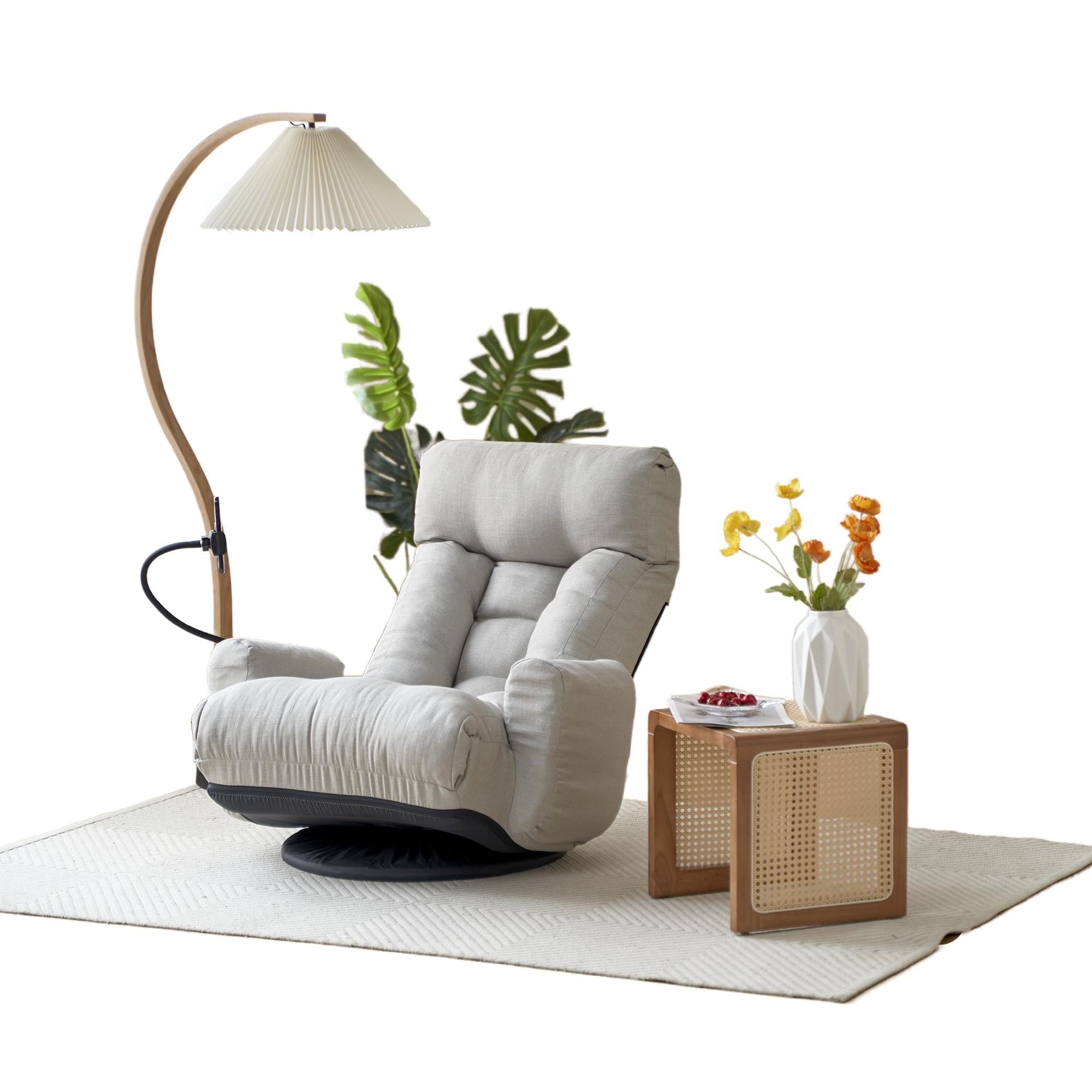Fauteuil inclinable pivotant à 360° rembourré gris avec support pour téléphone portable et appui-tête réglable