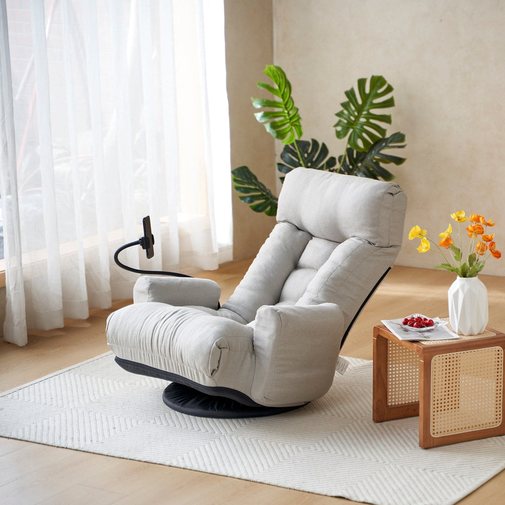 Fauteuil inclinable pivotant à 360° rembourré gris avec support pour téléphone portable et appui-tête réglable
