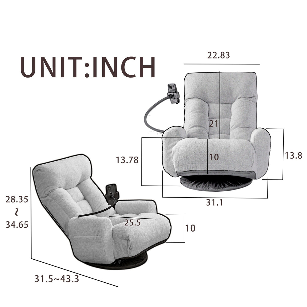Fauteuil inclinable pivotant à 360° rembourré gris avec support pour téléphone portable et appui-tête réglable
