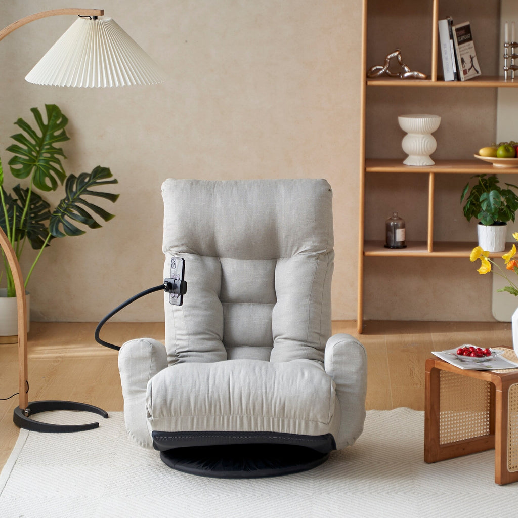 Fauteuil inclinable pivotant à 360° rembourré gris avec support pour téléphone portable et appui-tête réglable