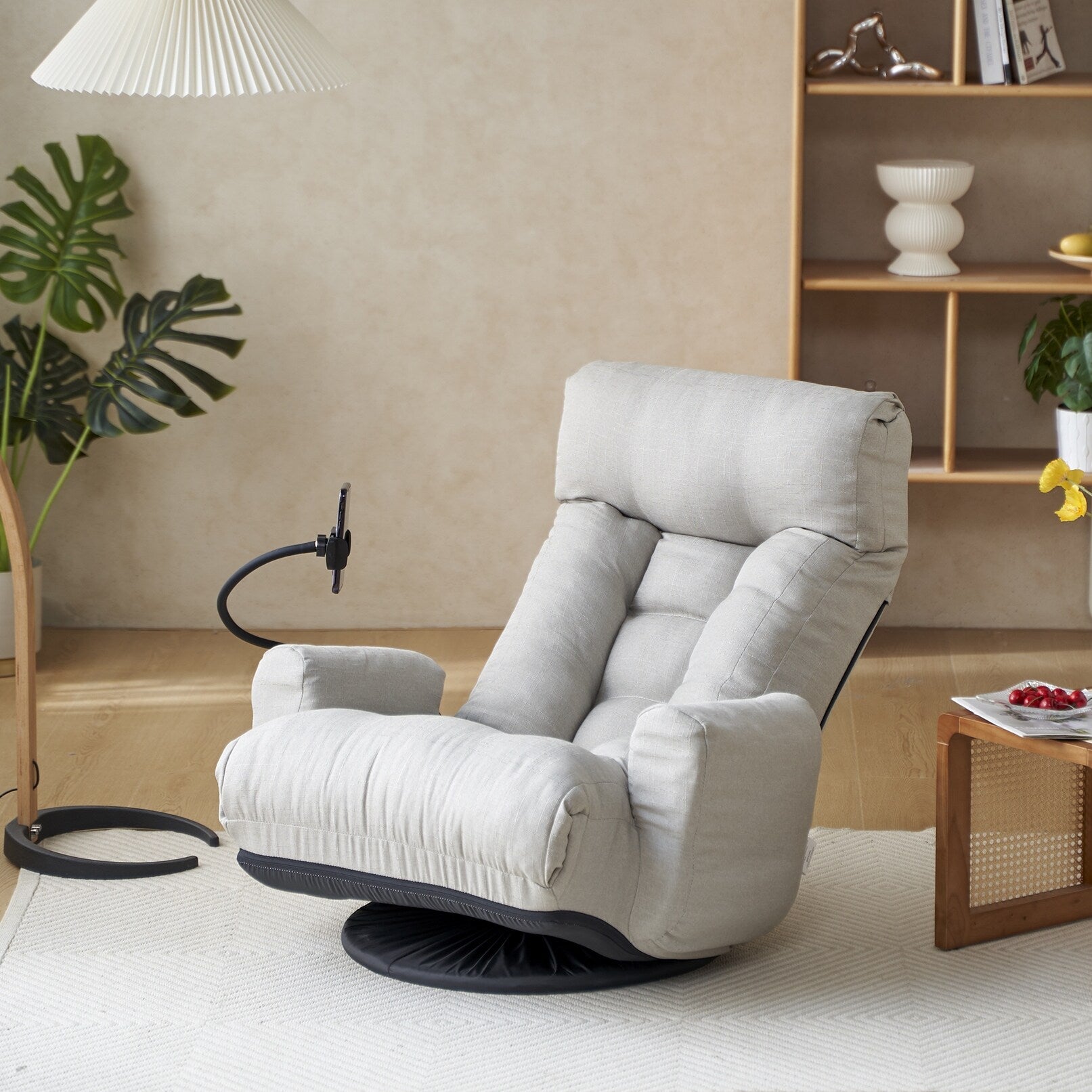 Fauteuil inclinable pivotant à 360° rembourré gris avec support pour téléphone portable et appui-tête réglable