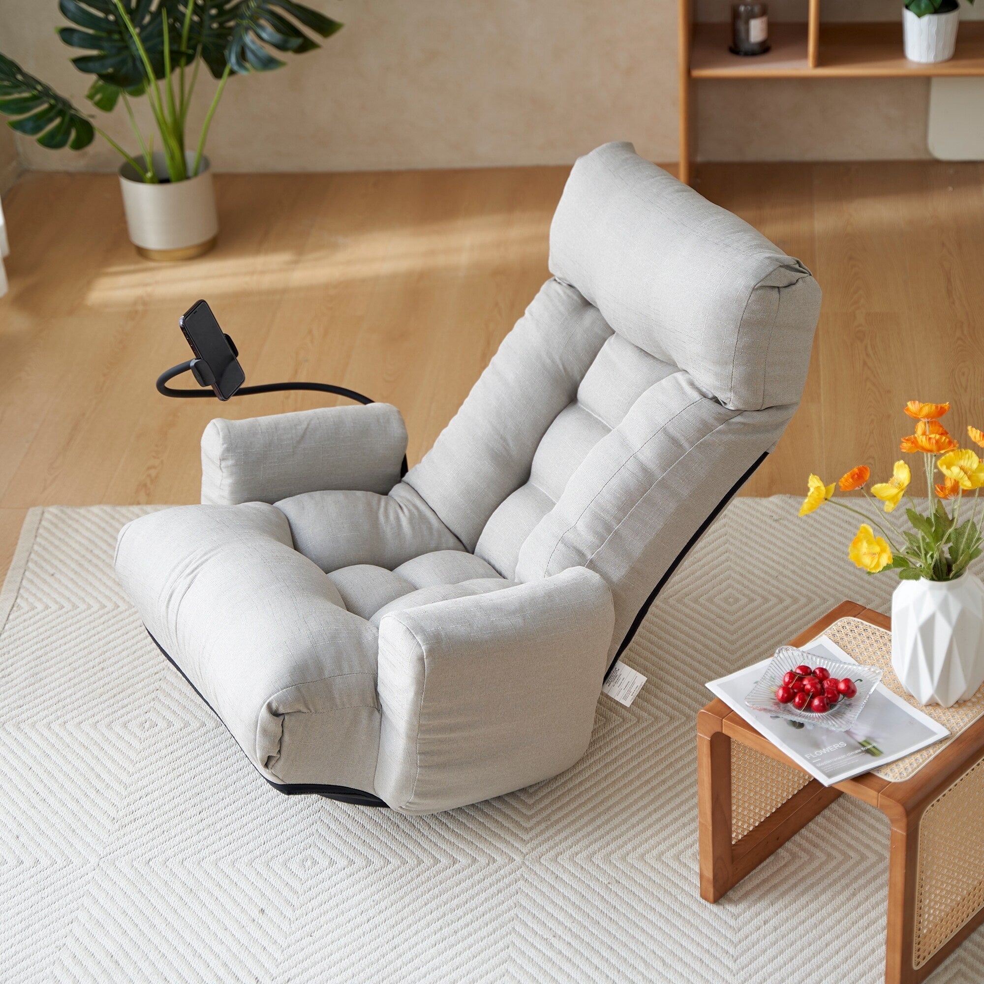 Fauteuil inclinable pivotant à 360° rembourré gris avec support pour téléphone portable et appui-tête réglable