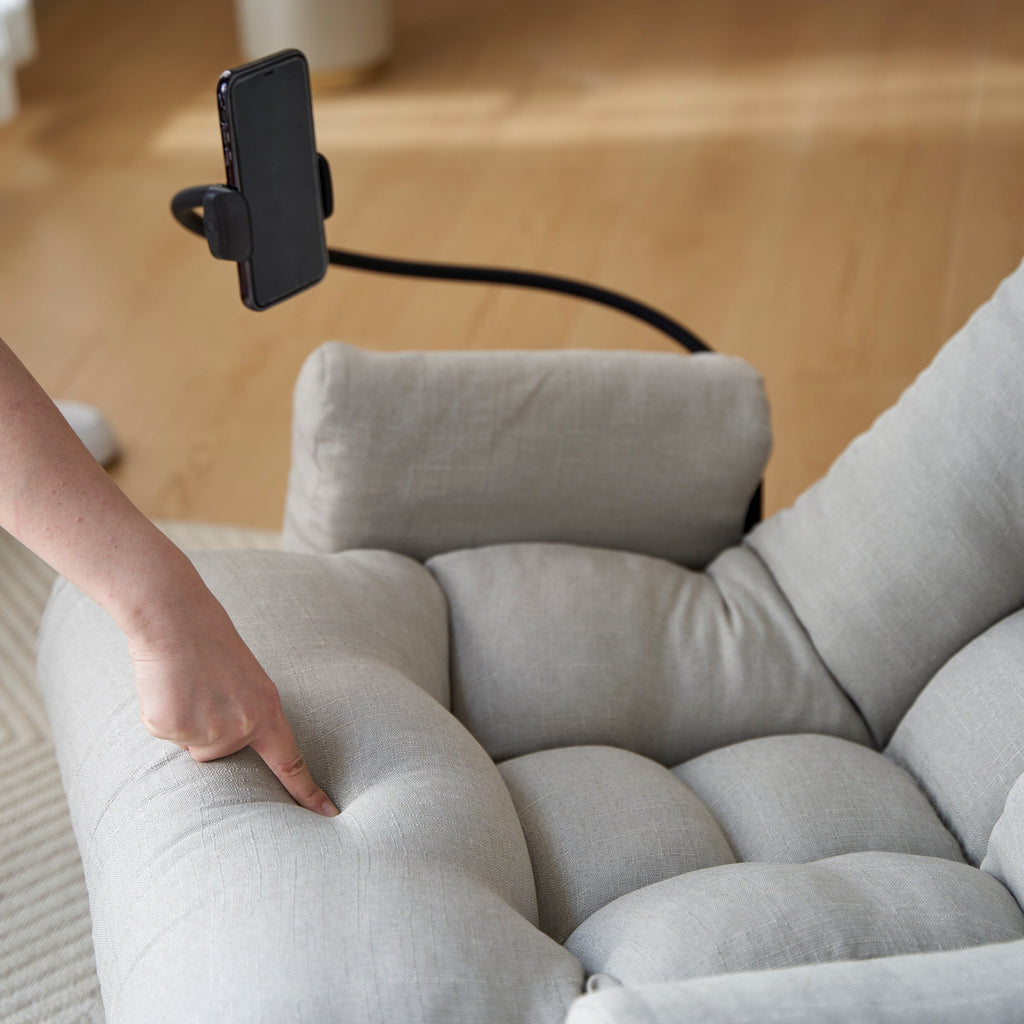 Fauteuil inclinable pivotant à 360° rembourré gris avec support pour téléphone portable et appui-tête réglable