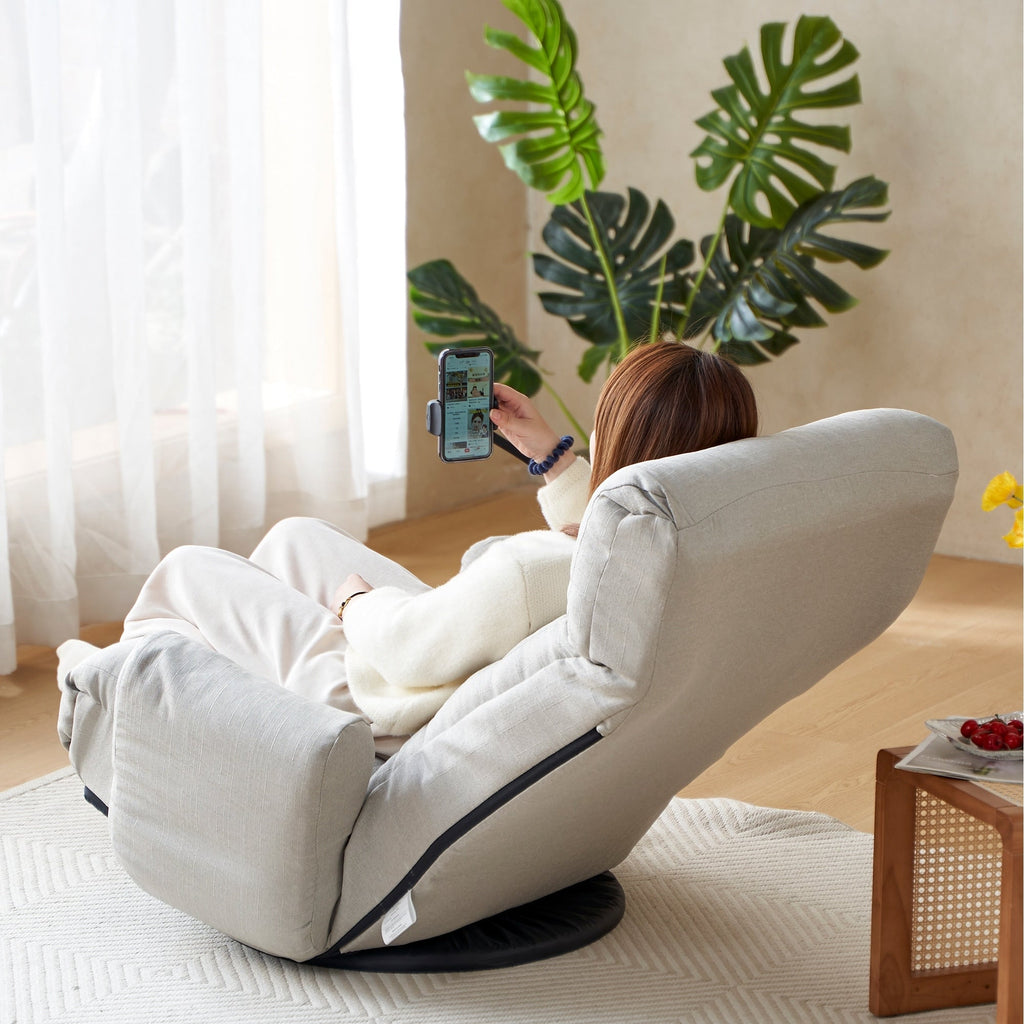 Fauteuil inclinable pivotant à 360° rembourré gris avec support pour téléphone portable et appui-tête réglable
