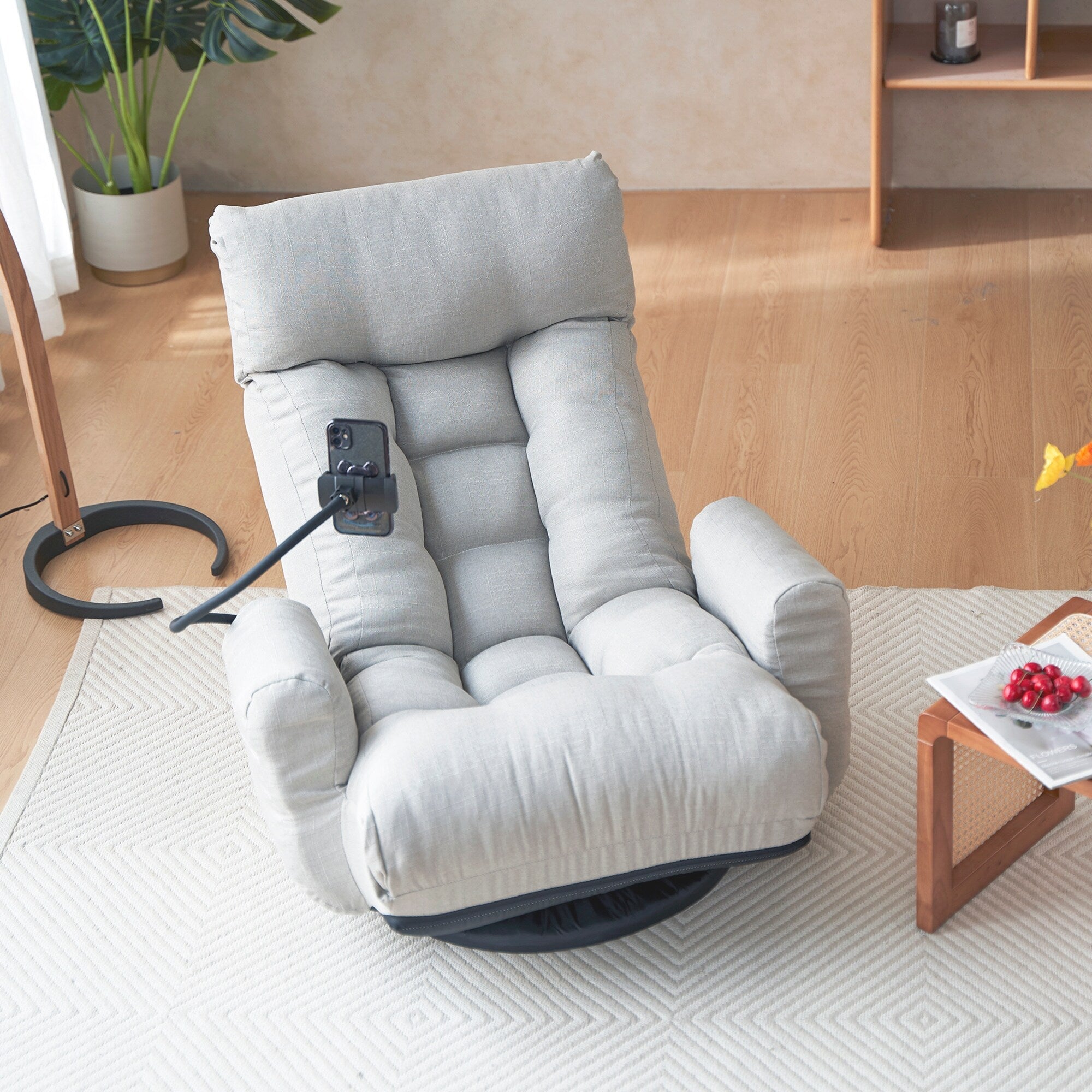 Fauteuil inclinable pivotant à 360° rembourré gris avec support pour téléphone portable et appui-tête réglable