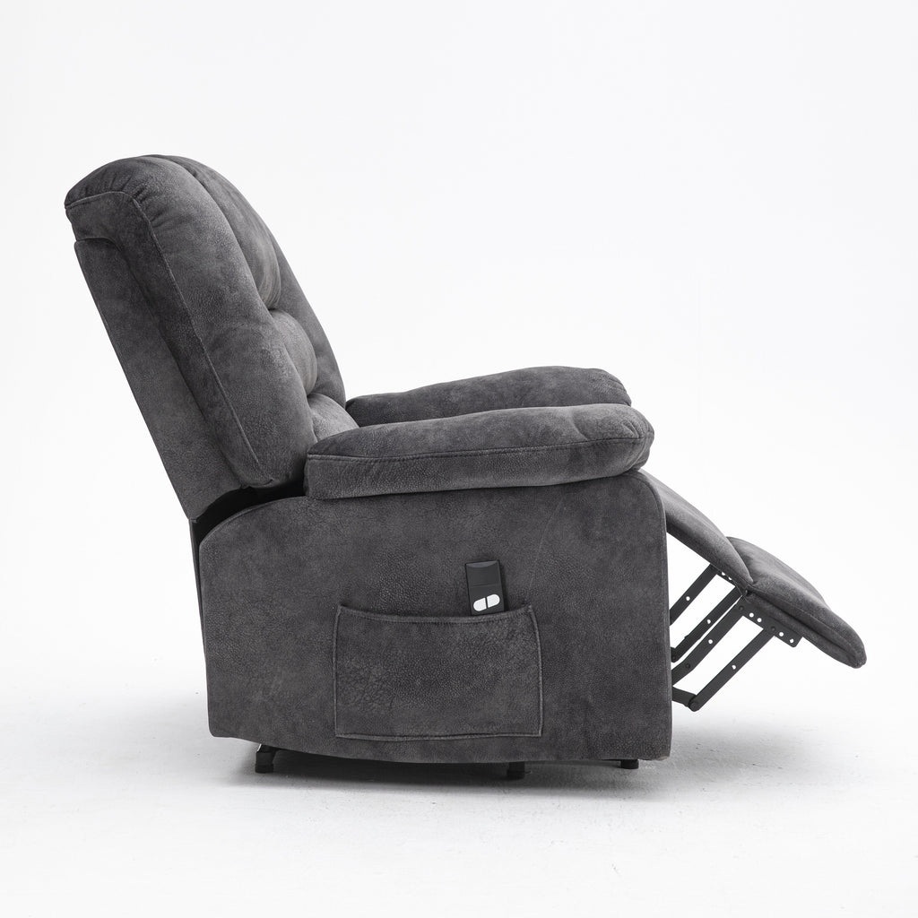 Fauteuil inclinable électrique rembourré en velours gris pour personnes âgées avec massage, chauffage lombaire et poches de rangement latérales