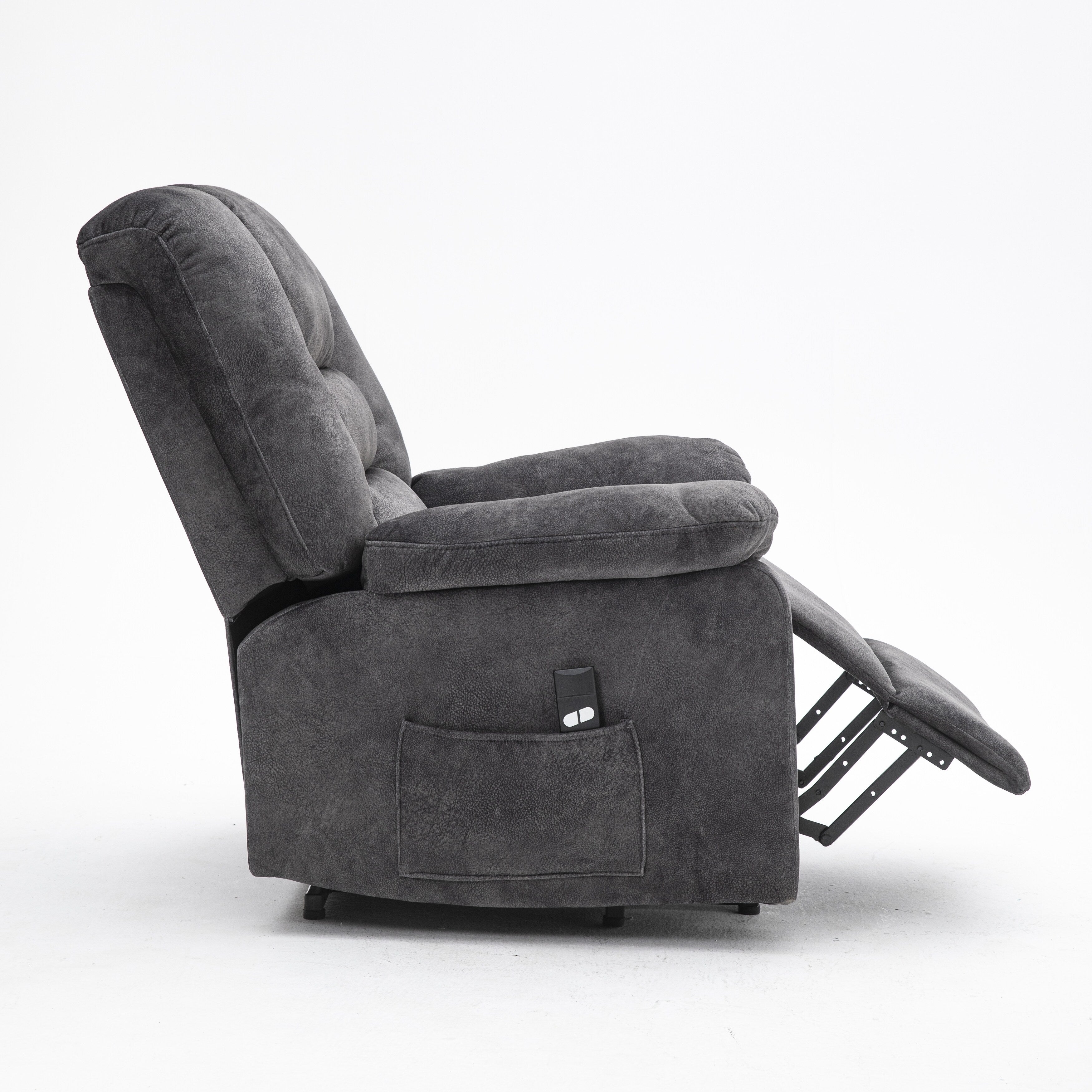 Fauteuil inclinable électrique rembourré en velours gris pour personnes âgées avec massage, chauffage lombaire et poches de rangement latérales