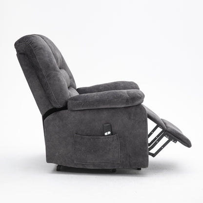 Fauteuil inclinable électrique rembourré en velours gris pour personnes âgées avec massage, chauffage lombaire et poches de rangement latérales