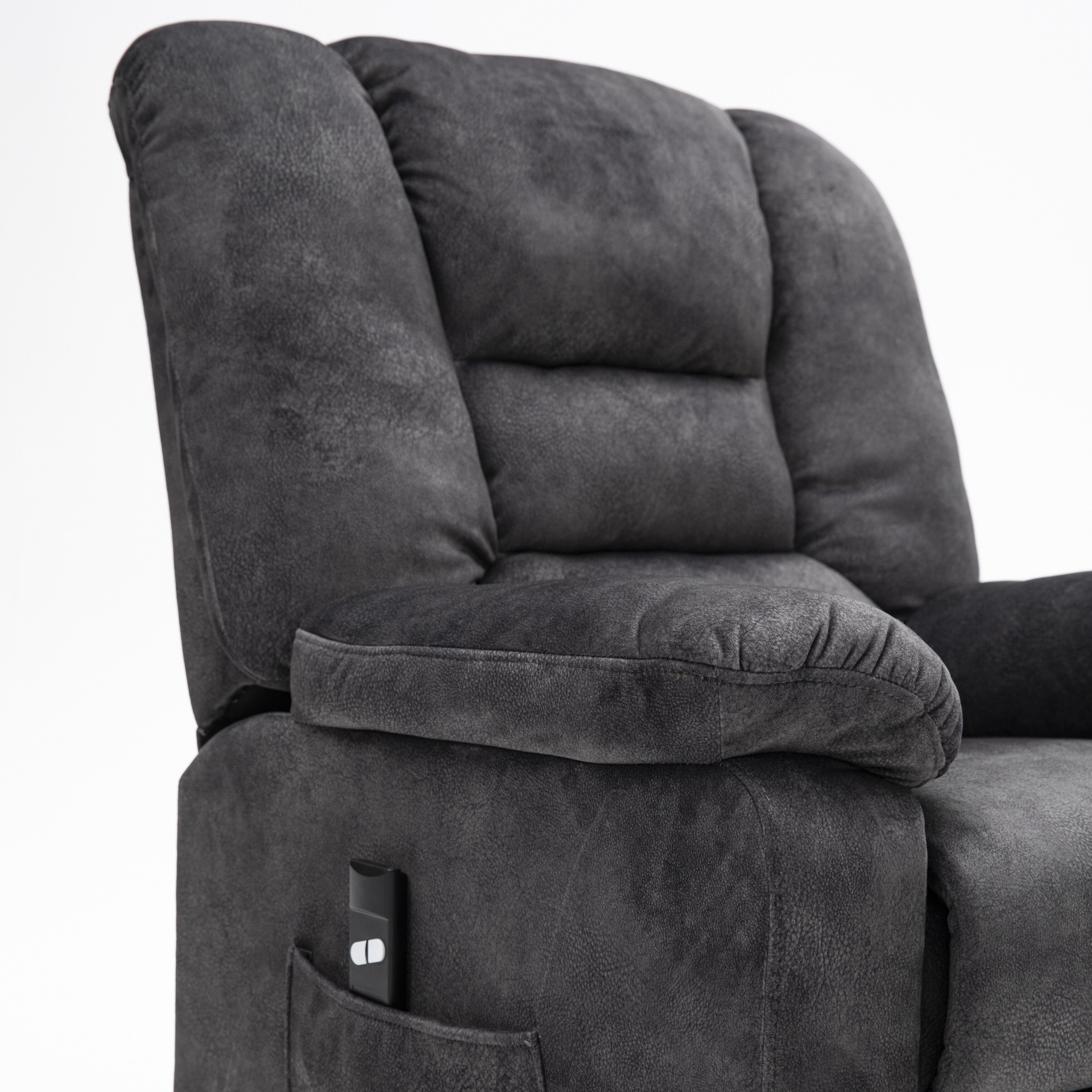 Fauteuil inclinable électrique rembourré en velours gris pour personnes âgées avec massage, chauffage lombaire et poches de rangement latérales