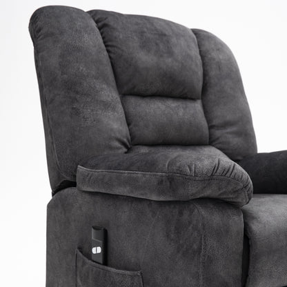 Fauteuil inclinable électrique rembourré en velours gris pour personnes âgées avec massage, chauffage lombaire et poches de rangement latérales