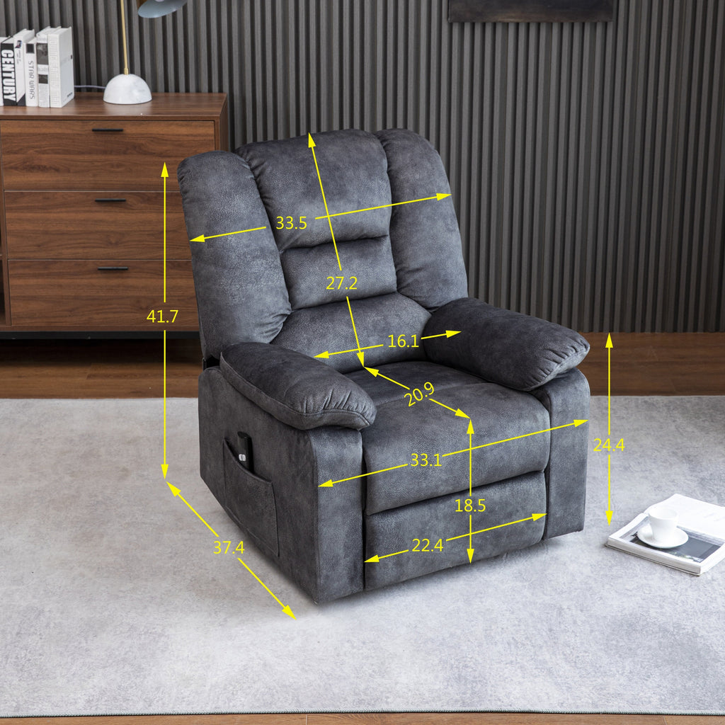 Fauteuil inclinable électrique rembourré en velours gris pour personnes âgées avec massage, chauffage lombaire et poches de rangement latérales