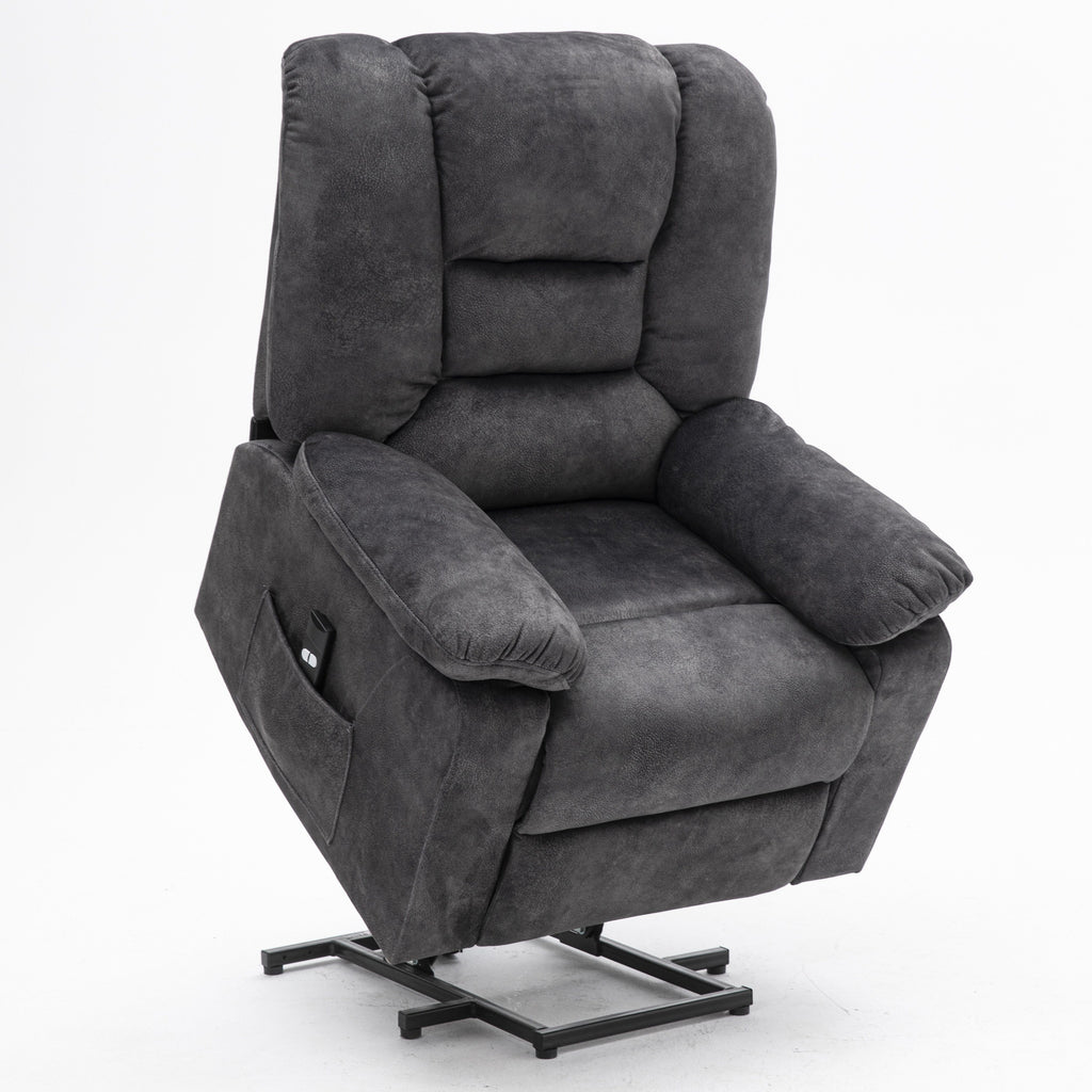 Fauteuil inclinable électrique rembourré en velours gris pour personnes âgées avec massage, chauffage lombaire et poches de rangement latérales