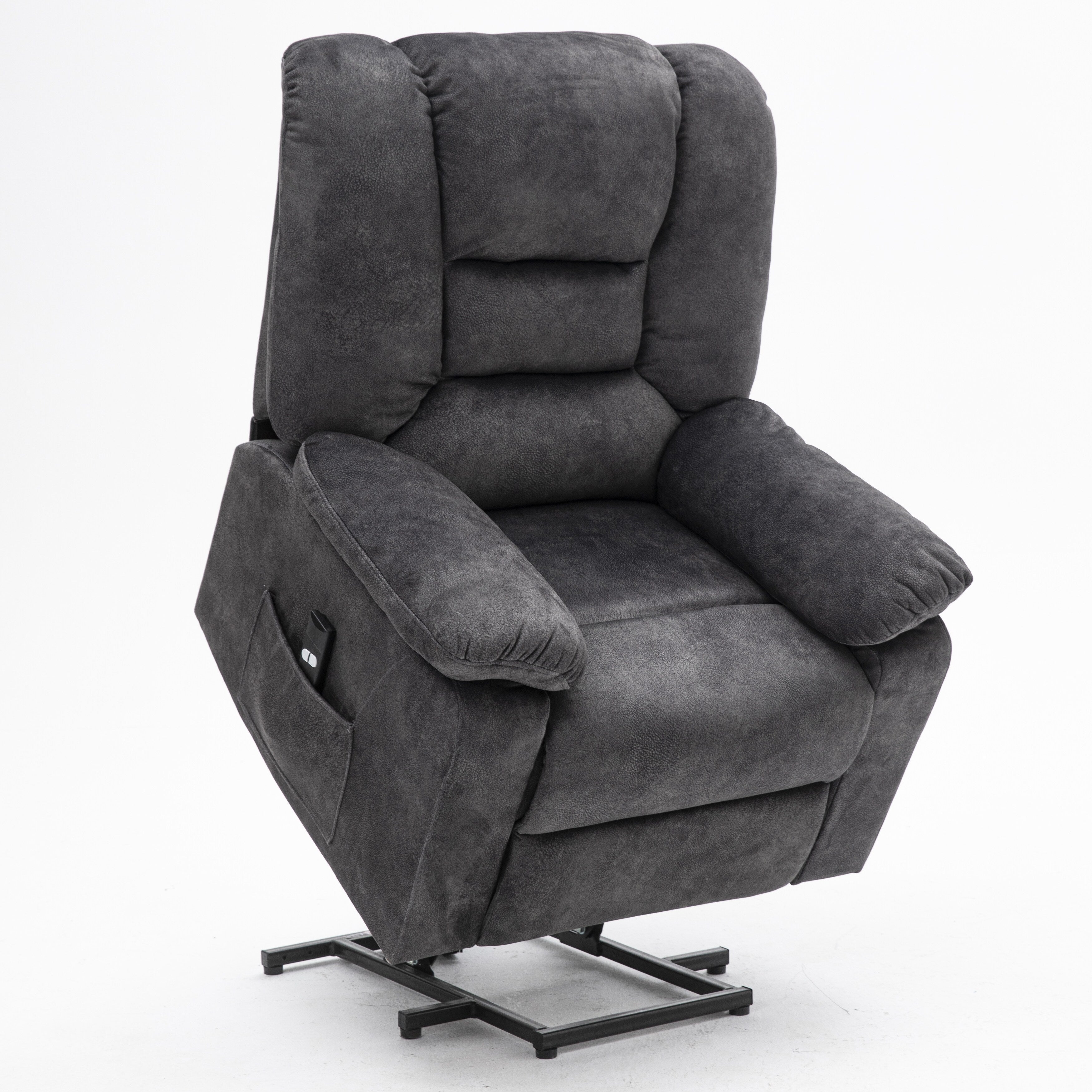 Fauteuil inclinable électrique rembourré en velours gris pour personnes âgées avec massage, chauffage lombaire et poches de rangement latérales