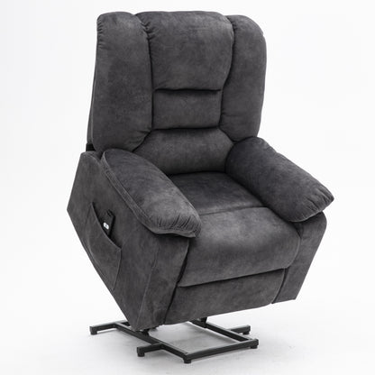 Fauteuil inclinable électrique rembourré en velours gris pour personnes âgées avec massage, chauffage lombaire et poches de rangement latérales