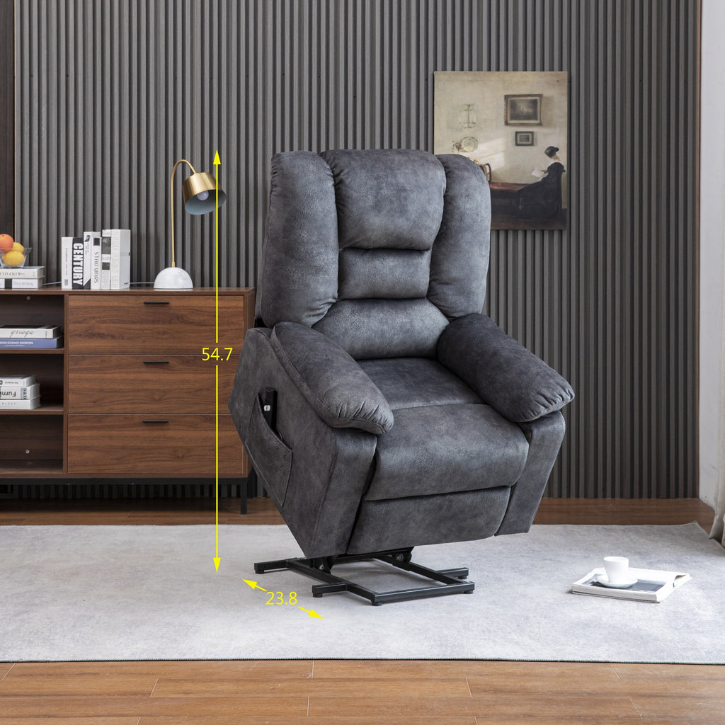 Fauteuil inclinable électrique rembourré en velours gris pour personnes âgées avec massage, chauffage lombaire et poches de rangement latérales