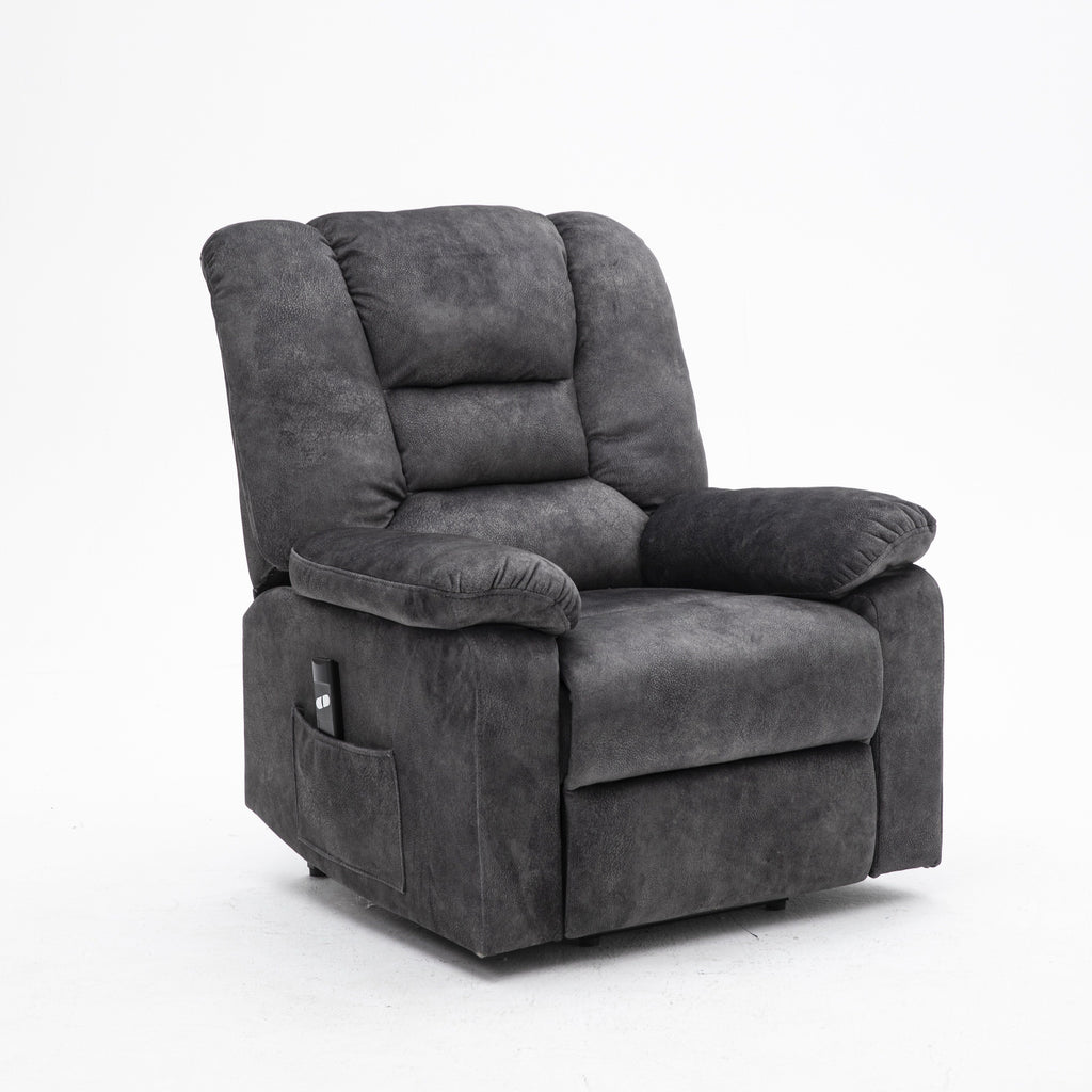 Fauteuil inclinable électrique rembourré en velours gris pour personnes âgées avec massage, chauffage lombaire et poches de rangement latérales