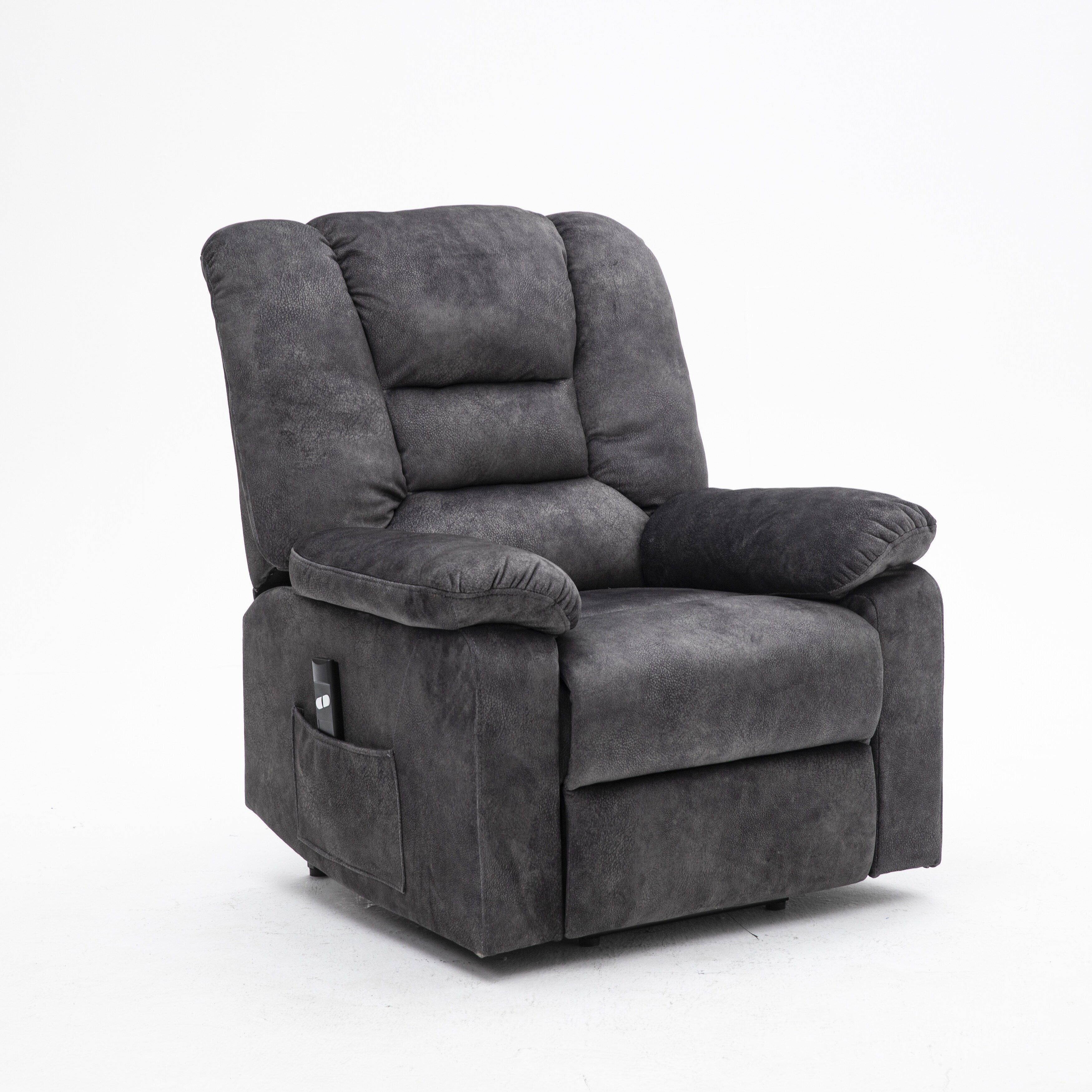 Fauteuil inclinable électrique rembourré en velours gris pour personnes âgées avec massage, chauffage lombaire et poches de rangement latérales
