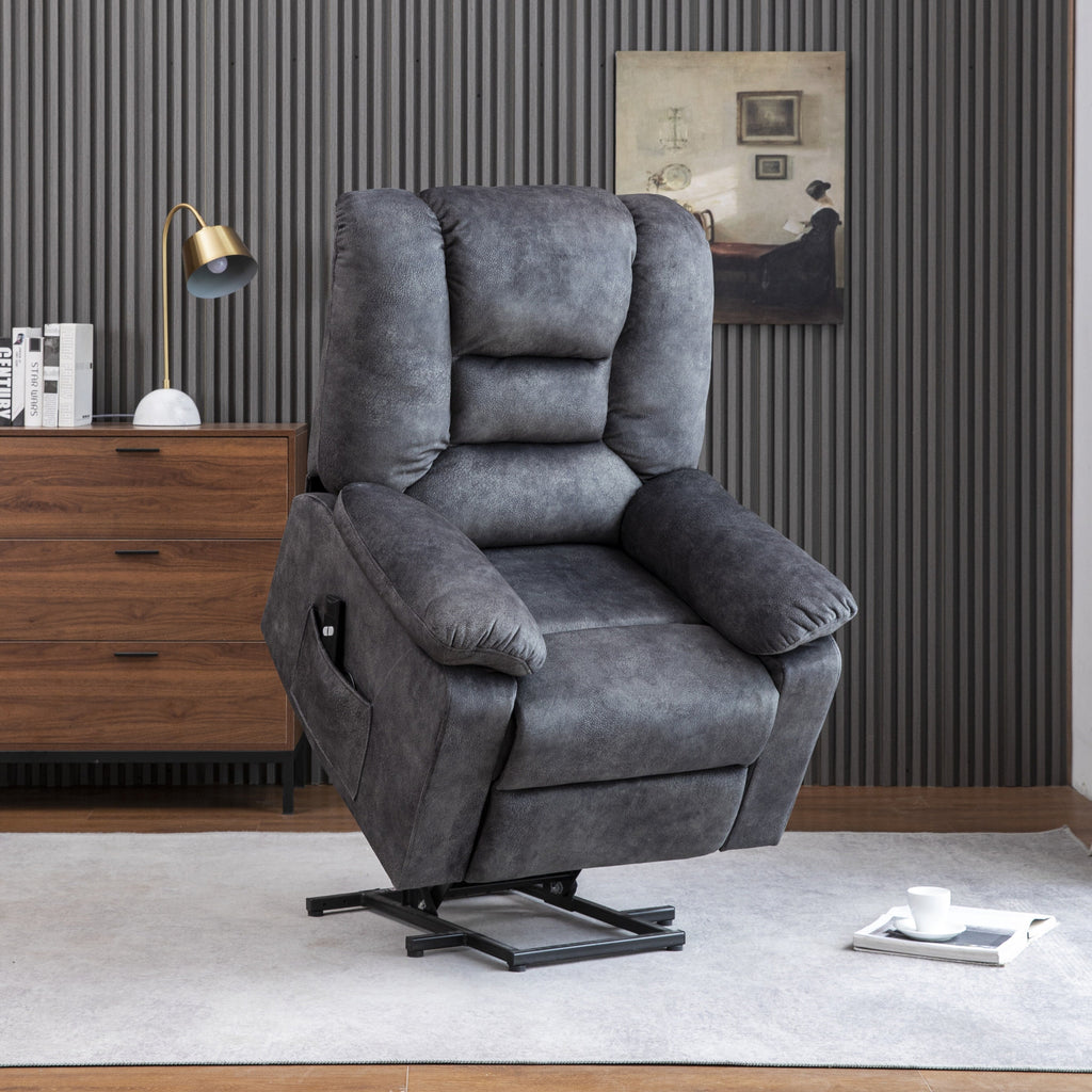 Fauteuil inclinable électrique rembourré en velours gris pour personnes âgées avec massage, chauffage lombaire et poches de rangement latérales