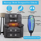 Fauteuil inclinable électrique rembourré en velours gris pour personnes âgées avec massage, chauffage lombaire et poches de rangement latérales