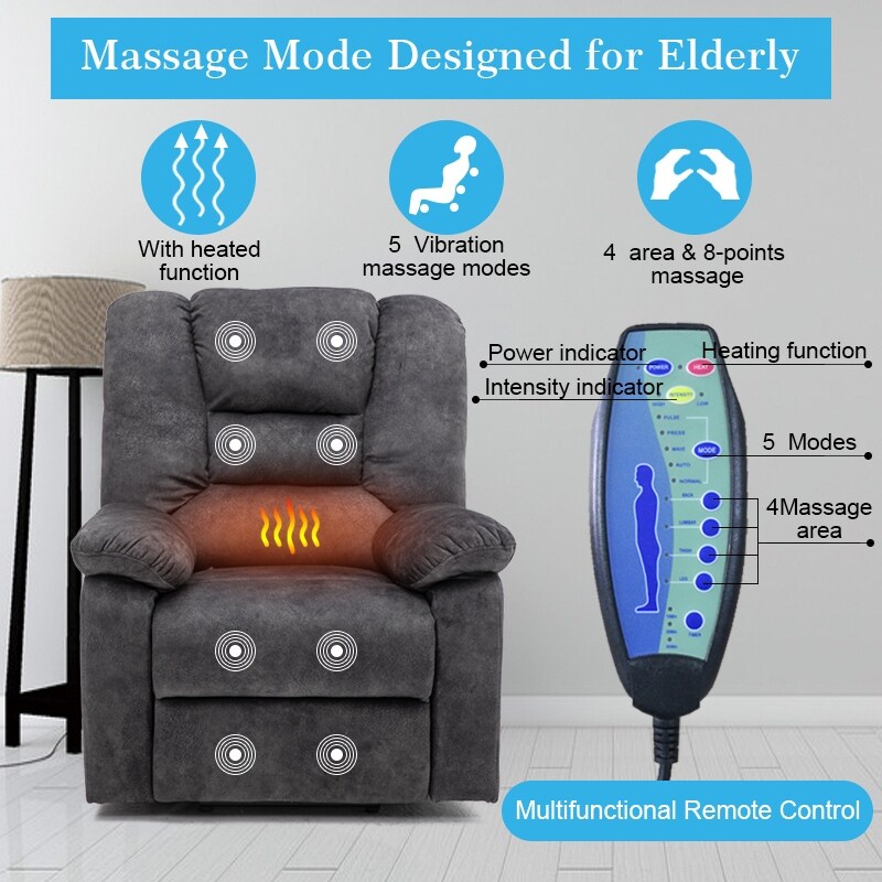 Fauteuil inclinable électrique rembourré en velours gris pour personnes âgées avec massage, chauffage lombaire et poches de rangement latérales