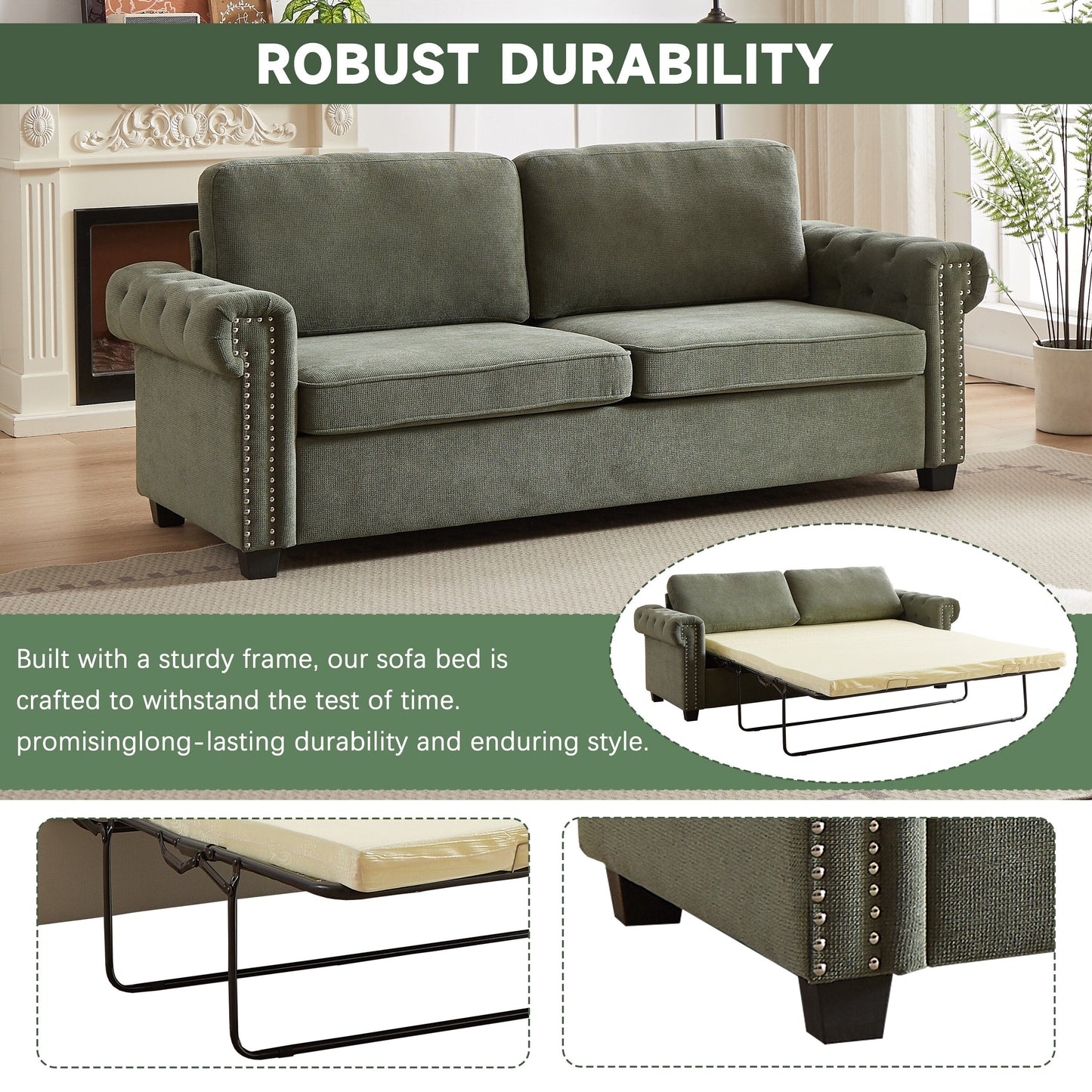 Canapé-lit convertible 3 places 2 en 1 en polyester vert 83,8 cm avec matelas pliable pour salon