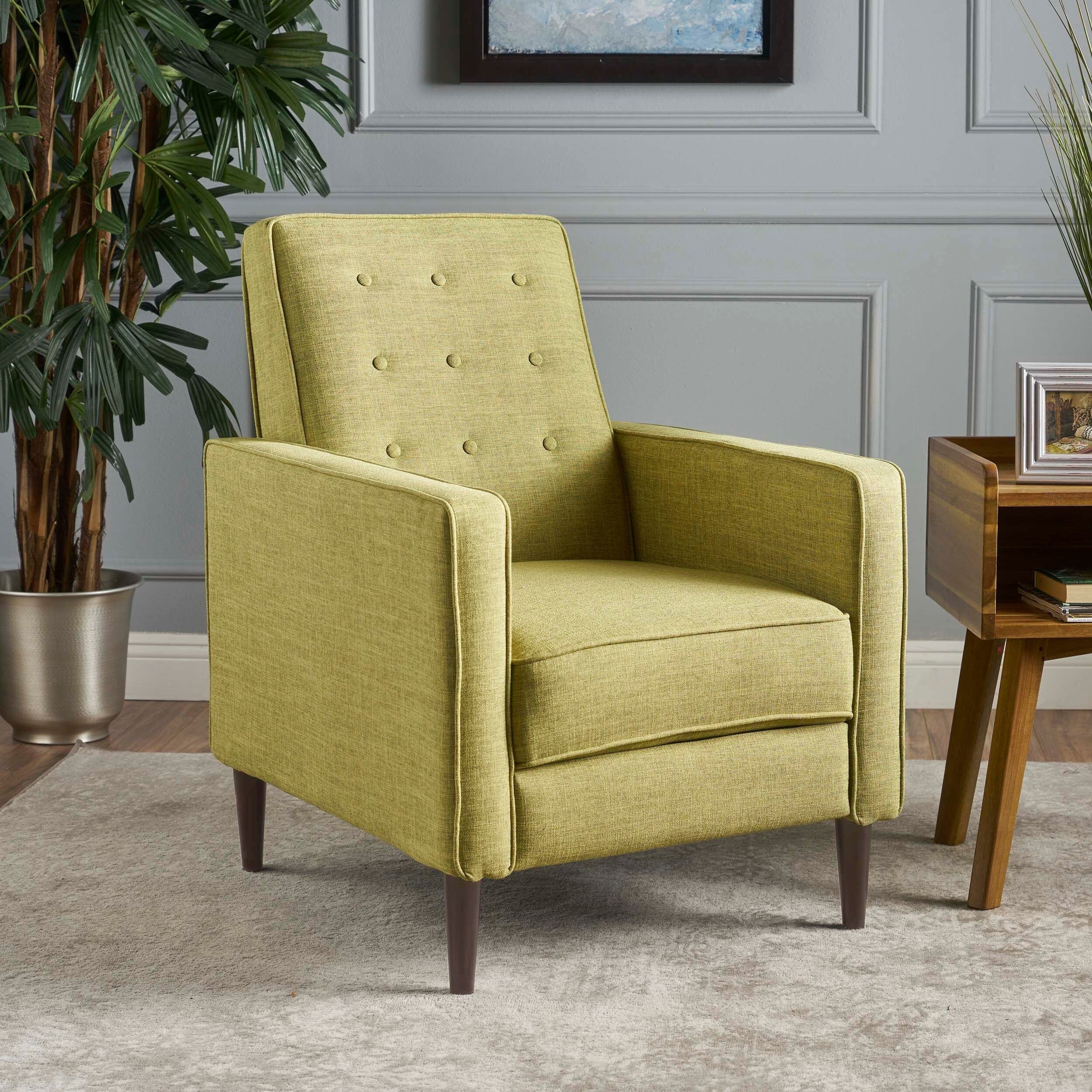 Fauteuil inclinable rembourré en tissu vert style milieu du siècle avec repose-pieds, dossier capitonné et pieds en hêtre