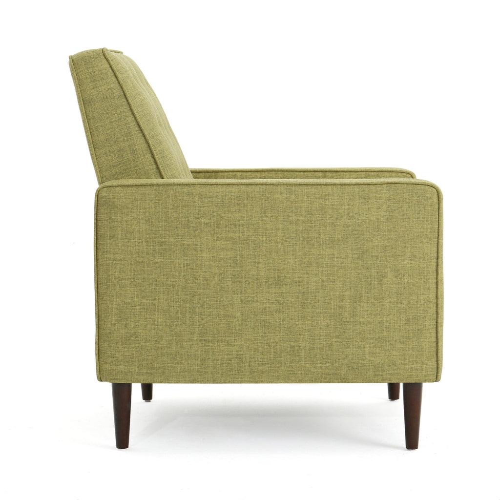 Fauteuil inclinable rembourré en tissu vert style milieu du siècle avec repose-pieds, dossier capitonné et pieds en hêtre