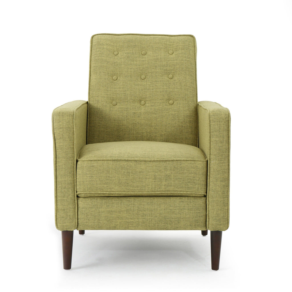 Fauteuil inclinable rembourré en tissu vert style milieu du siècle avec repose-pieds, dossier capitonné et pieds en hêtre