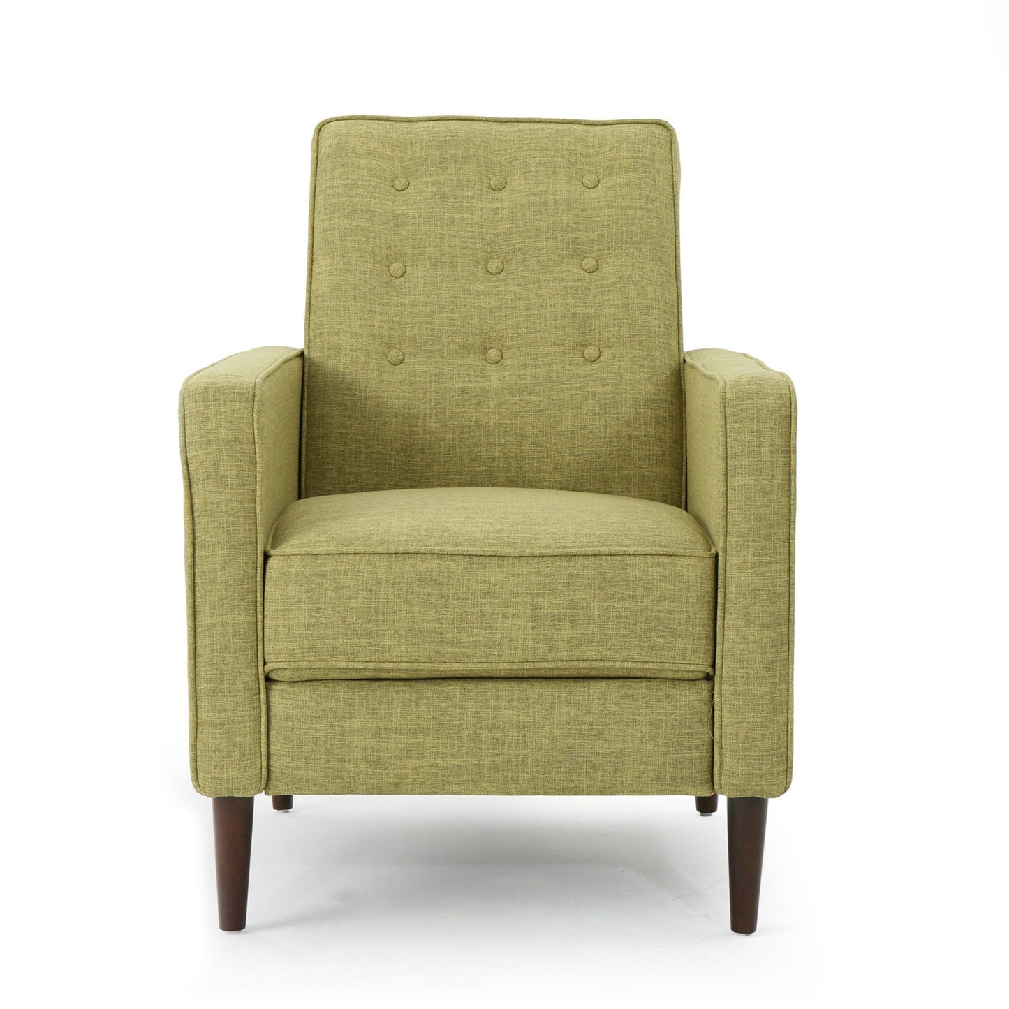 Fauteuil inclinable rembourré en tissu vert style milieu du siècle avec repose-pieds, dossier capitonné et pieds en hêtre