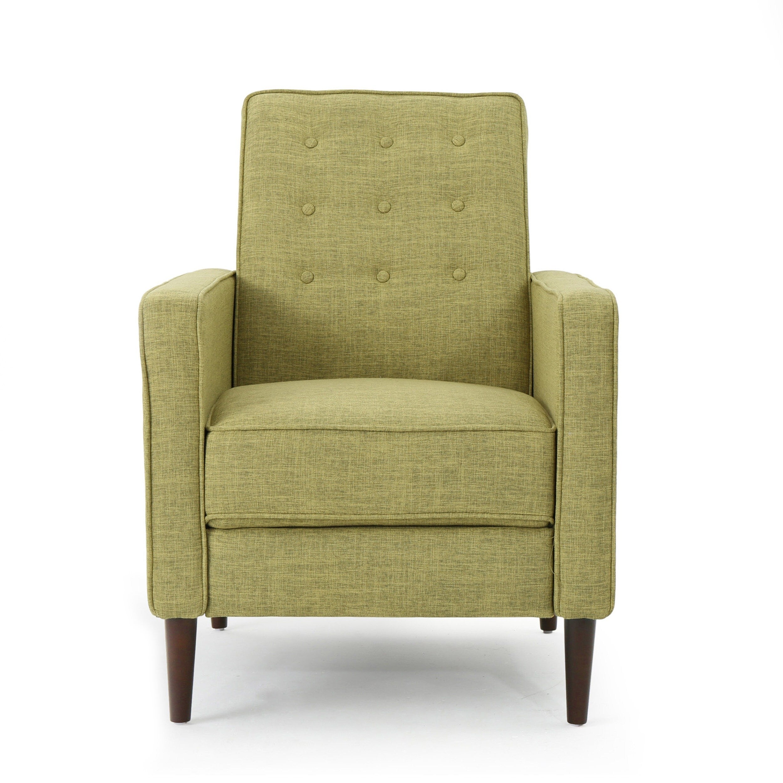 Fauteuil inclinable rembourré en tissu vert style milieu du siècle avec repose-pieds, dossier capitonné et pieds en hêtre