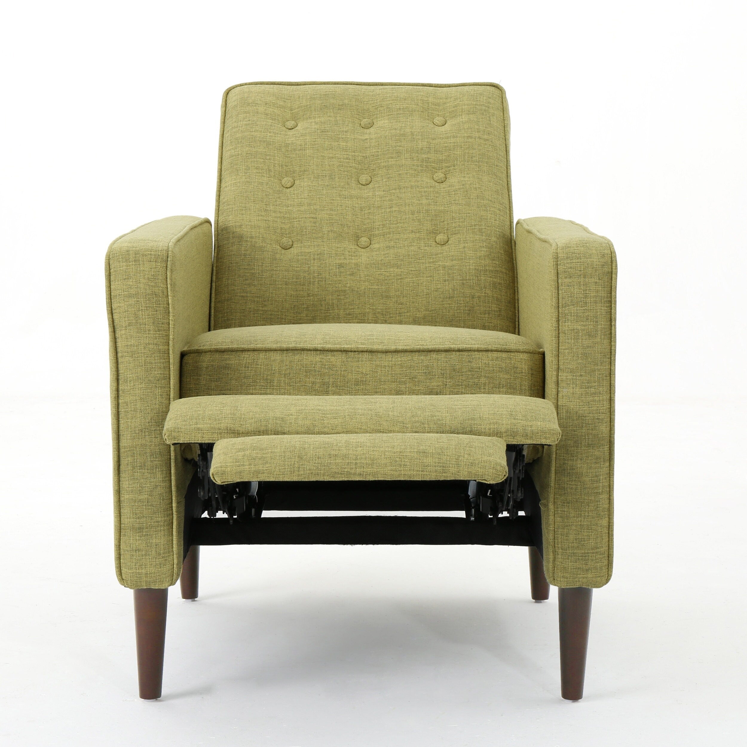 Fauteuil inclinable rembourré en tissu vert style milieu du siècle avec repose-pieds, dossier capitonné et pieds en hêtre