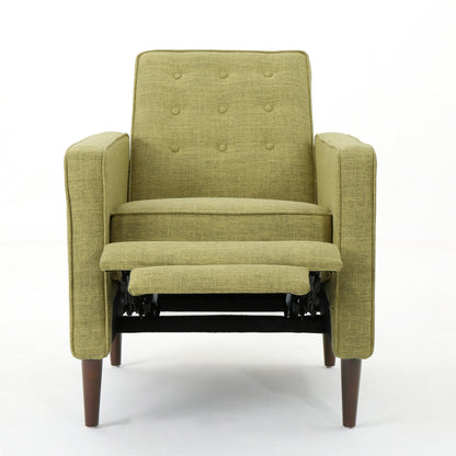 Fauteuil inclinable rembourré en tissu vert style milieu du siècle avec repose-pieds, dossier capitonné et pieds en hêtre