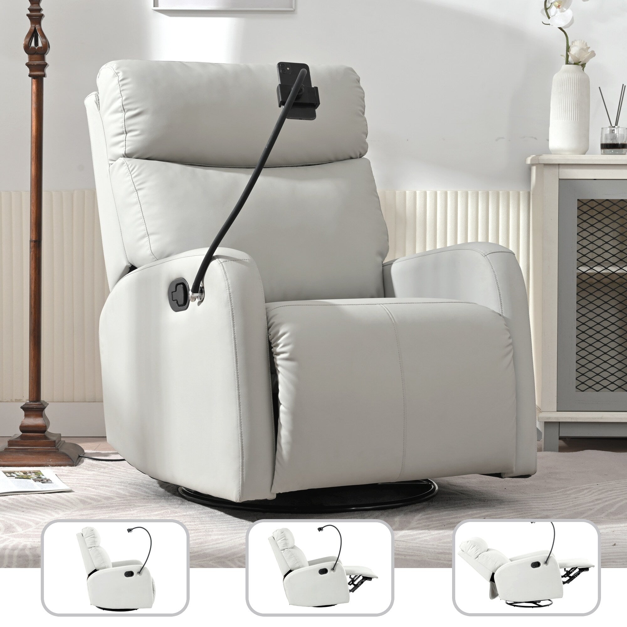 Fauteuil inclinable pivotant à 360° gris avec repose-pieds réglable, confort rembourré et support pour téléphone